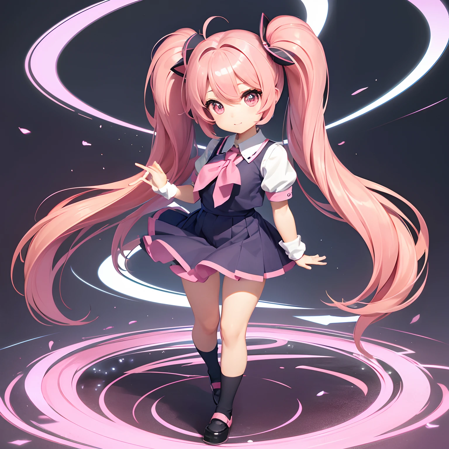 Cute Chibi Anime Girl, Chibi Chara、Solo, Bright rainbow sky background, Beautiful pink twin tails, The description of Chibi Anime ergarte Girl App、, Dark blue blazer、Uniform with pink skirt、Full body,, Highly detailed face and eyes, Clearly outlined、gazing at viewer、Insanely funny face、Insanely surprised and funny face