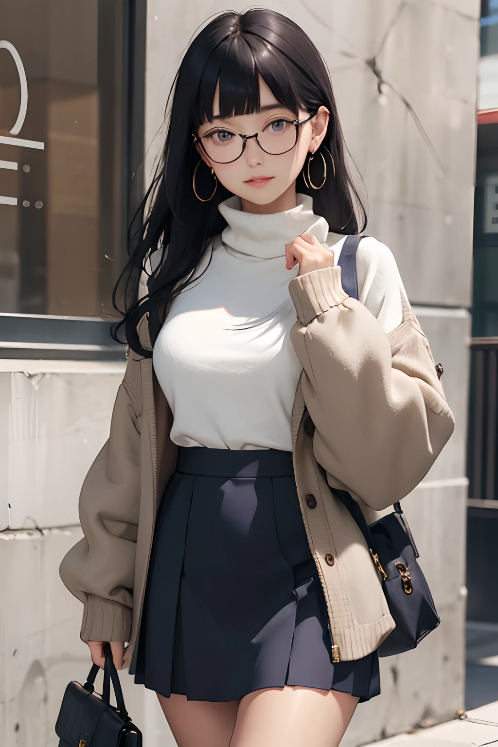 masterpiece, best quality, 8k, official art, cinematic light, ultra high res, 1girl, mature, solo, jewelry, earrings, glasses, skirt, long hair, bag, looking at viewer, hoop earrings, sweater, white sweater, dark blue hair, purple eyes, brown background, jacket, brown skirt, sleeves past wrists, turtleneck, long sleeves, holding, brown jacket, brown nails, handbag, Blunt Bangs