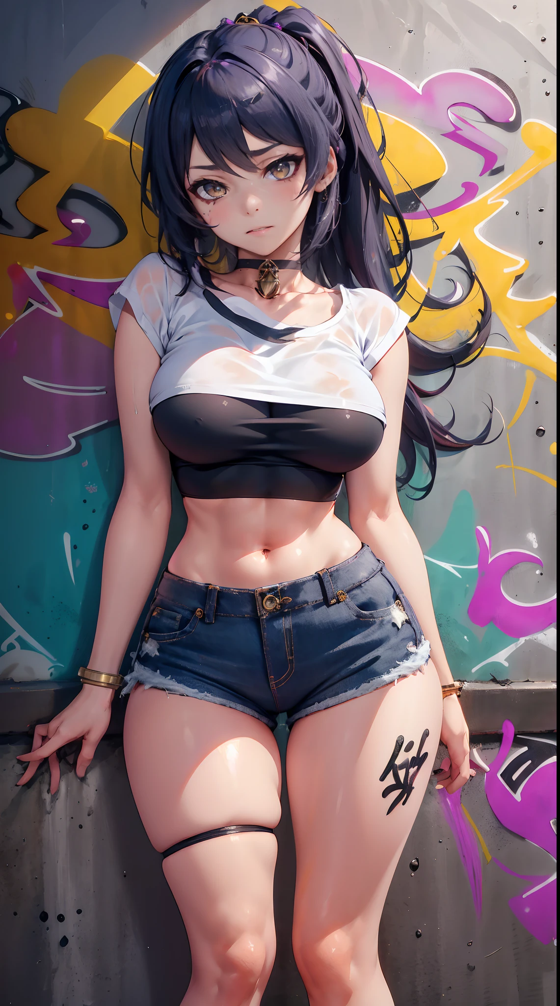 Kujou Sara Genshin Effect, masterpiece, bestquality, 1girls, mediuml breasts, long-haired ,Ponytail, bara, crop top, shorts jeans, choker, (Graffiti:1.5), Splash with purple lightning pattern., arm behind back, against wall, Look at the audience from behind., bracelet, Thigh strap, Head tilt, bored, Ponytail, water eyes,