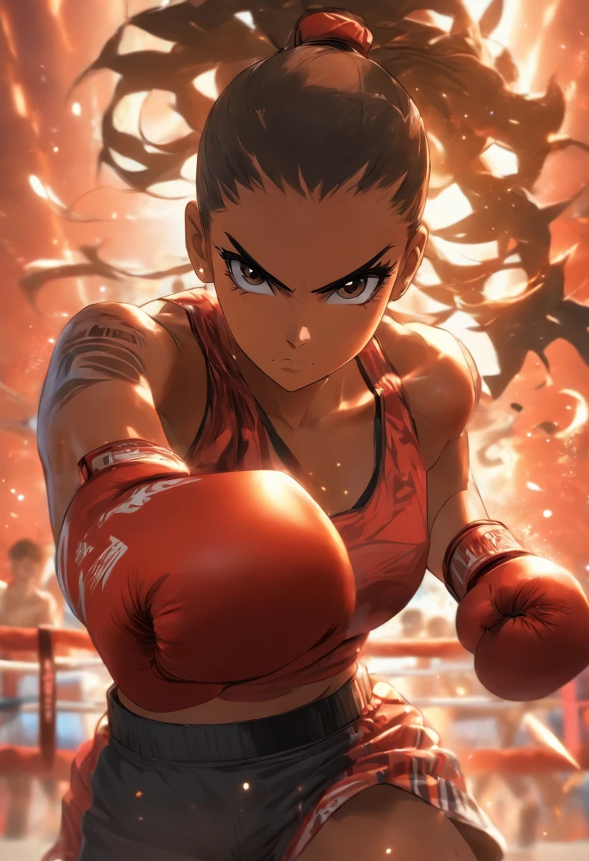 Mature female boxer、Ponytail with black hair、Brown-skinned、Black sports bra and shorts、Boxing gloves、With keen eyes、Boxing stance、waist line、