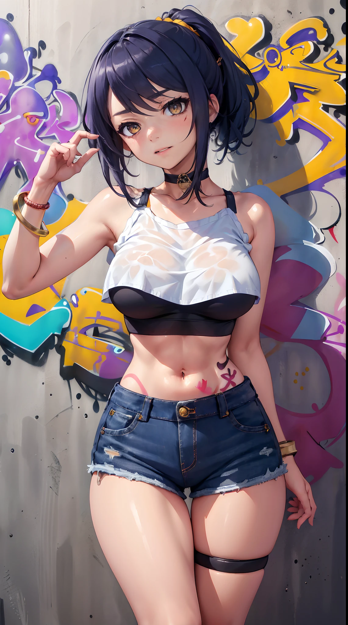 Kujou Sara Genshin Effect, masterpiece, bestquality, 1girls, mediuml breasts, long-haired ,Ponytail, bara, crop top, shorts jeans, choker, (Graffiti:1.5), Splash with purple lightning pattern., arm behind back, against wall, Look at the audience from behind., bracelet, Thigh strap, Head tilt, bored, Ponytail, water eyes,