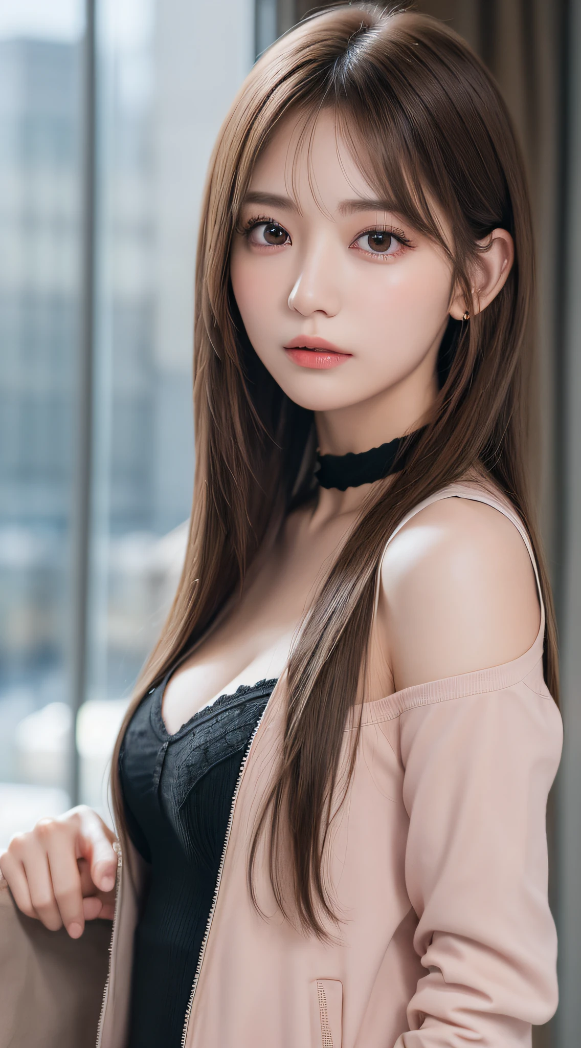 1womanl, (up of face:1.5), light brown hair, Blunt bangs, hair behind ear, hair over shoulder, Long hair, Ultra Fine Face, Thin face, Delicate lips, (beautidful eyes:1.5), thin blush, eyes are light brown,View here, Ultra-thin hands, Ultra-fine fingers, best ratio four finger and one thumb, white jaket, a choker ,(Port Area) ,One-person viewpoint,  8K, masutepiece, nffsw, Super Detail, High quality, Best Quality, hight resolution,