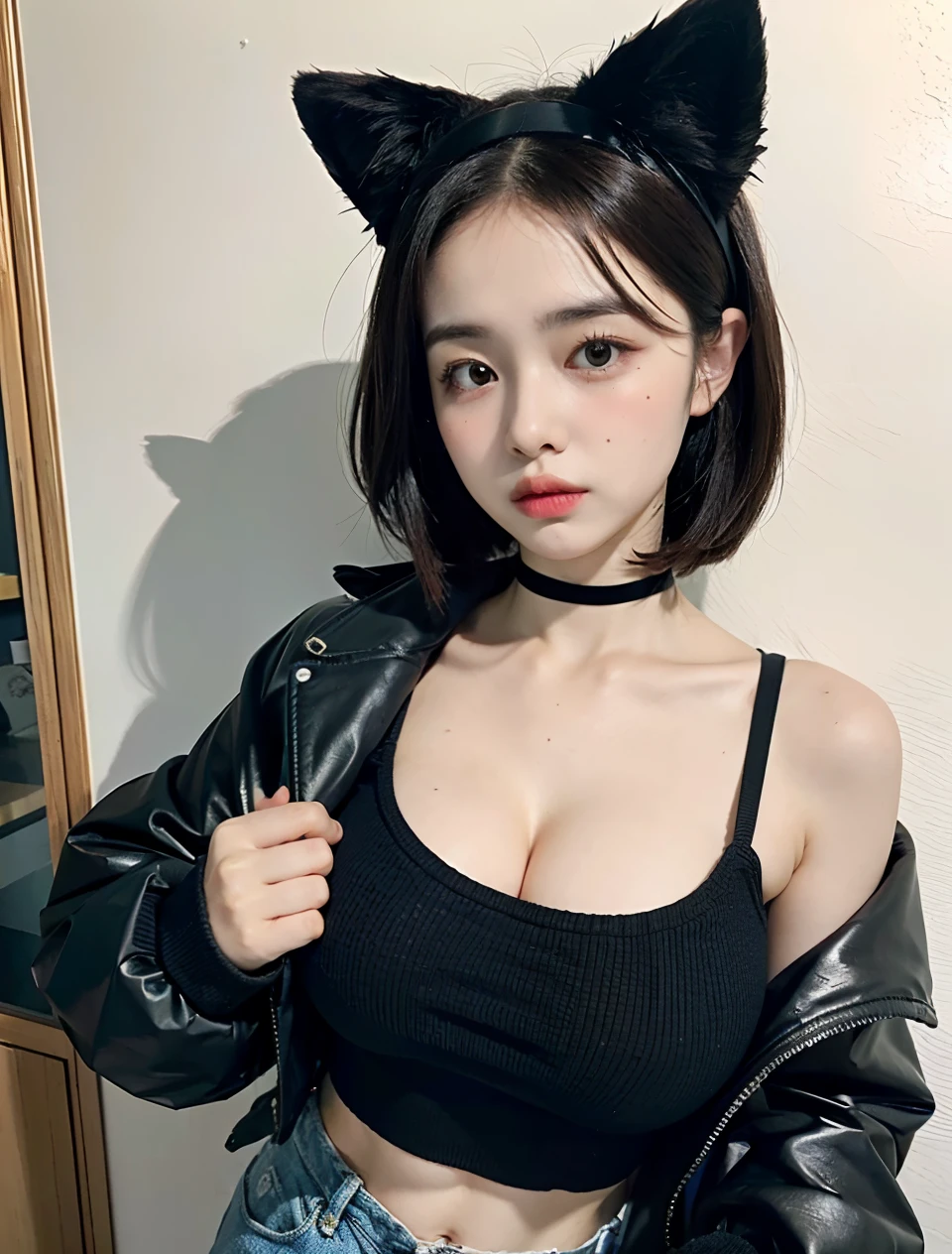 Woman in black jacket and visible arafe, As if Lisa Simpson came back to life, leaked image, leaked photo, at instagram, dilraba dilmurat, ruan cute vtuber, cartoonish cute, Hannah Alisa Omale, Instagram, Larisa Manobal, eva elfie, katelynn mini cute style、huge-breasted、sensual breasts、Sensual body、Glaring eyes、short-cut、Cat ear headband、Sweaty、covered in oil、