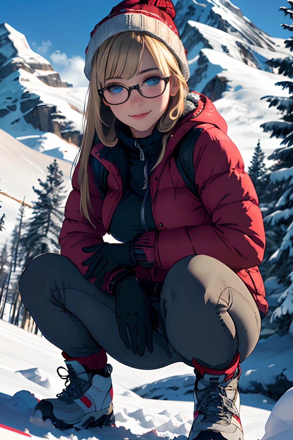 (masterpiece, Best Quality, realistic), (photo realistic:1.37), (Shiny skin), (UHD, 8K wallpaper, High resolution), perfect anatomy, (well drawn hands and fingers:1.3), Cinematic Lighting, Physically-based rendering, extremely detailed skin, extra detailed face, Eyes with beautiful details, SIGMA 85 mm F/1.4, 1 girl, solo, BREAK, e 16-ar-girl Squatting on the ground, (glossy blonde hair, semi-long straight hair, bangs, blue eyes, glasses, medium breasts), wearing Knitted Cap, Down jacket, gloves, trekking half pants, (bare knees), trekking boots, thigh gap, arms between legs, smiling, looking at viewer, BREAK, at the winter forest, snow on the ground, a lot of trees covered with snow, you can see The Matterhorn through the trees, (face focus, close shot:1.3), (sunny day, Blue sky and white clouds), view from below, Switzerland, alps,