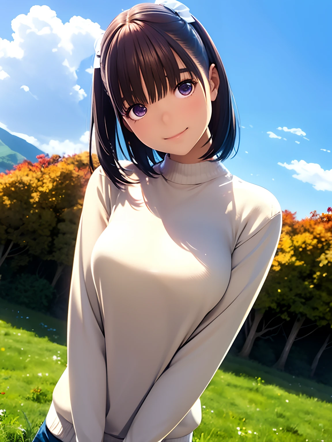 hight resolution,in 8K,Best Quality,detaileds,semi - realistic anime,Anime 3D Style,Smooth Anime CG,1 girl in,20 year old woman in Japan,slim,modeled,shiny chestnut hair,Medium Hair,Detailed face,Beautiful and detailed eyes,Glowing skin,((Brown Half Fresh Sweater Shirt)),((White skinny pants)),,a necklace,A smile,Autumn pasture,Sitting in the steppe,Shooting from the side
