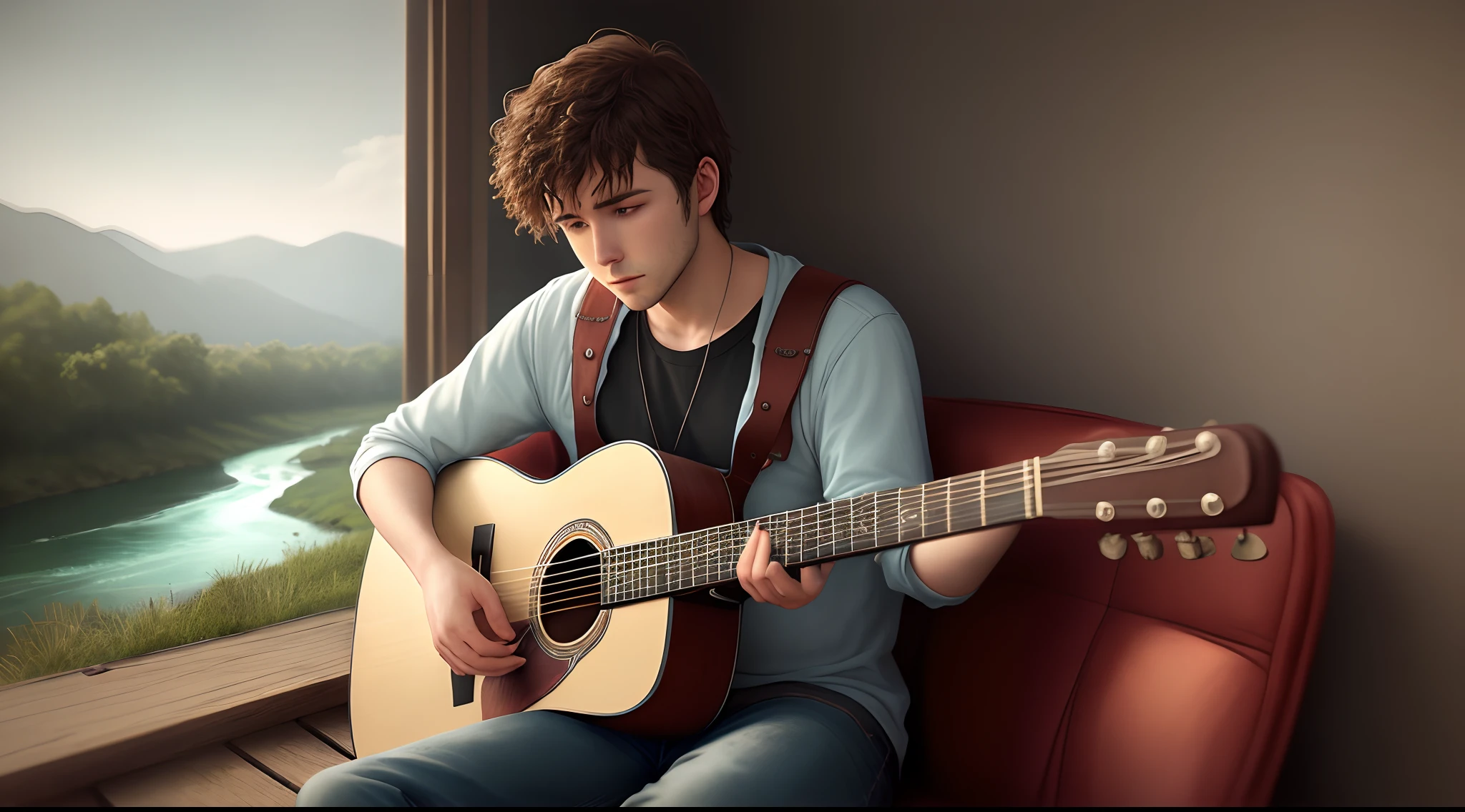 A guy sitting besides a dreamy river with a acoustic guitar on his hand, looking sad, hyper realistic, Cinematic,