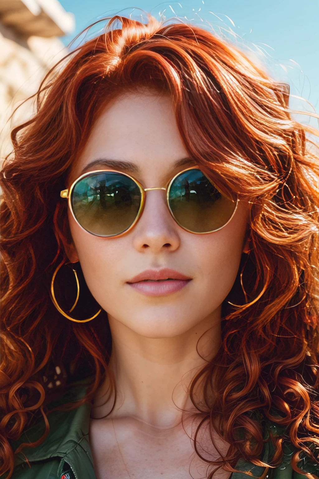 Hyper-realistic close-up portrait of a gorgeous hippie woman, fiery red curly hair with flowers, emerald green eyes, stylish round sunglasses, perfect skin, ray of light accentuating her natural beauty.,perfecteyes,Detailedface