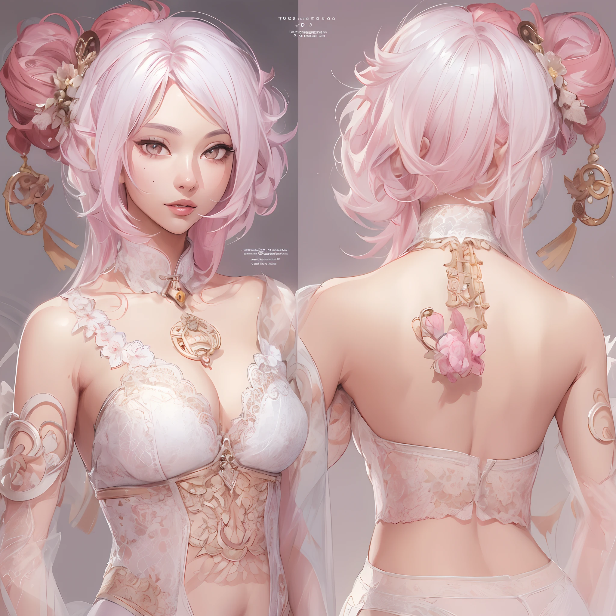(tmasterpiece, top-quality, Ultra-detailed:1.3),1girll,(18 years old),(perfect anatomia),CharacterDesignSheet,Chinese style,A pink-haired,White background,ogle,photography of,Look to the lens,Bandeau,lacepantyhose,perfectly proportions