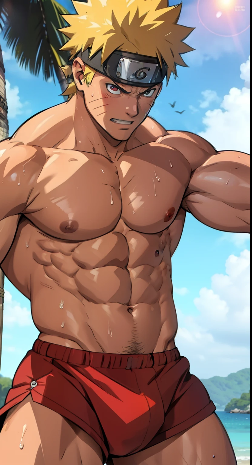 [highest quality photo][ 4k,HD photo quality] (close-up) huge muscular thigh muscles, wear tight triangle briefs, huge thigh muscles ,Uzumaki Naruto, lots of sweat flowing down, topless, shirtless, sunny, shiny skin,rosy skin,pink skin, red skin, bodybuilder,  8-pack abs, giant, muscular chest muscles, giant muscular, sinewy biceps, cute baby face , two arms behind the back,