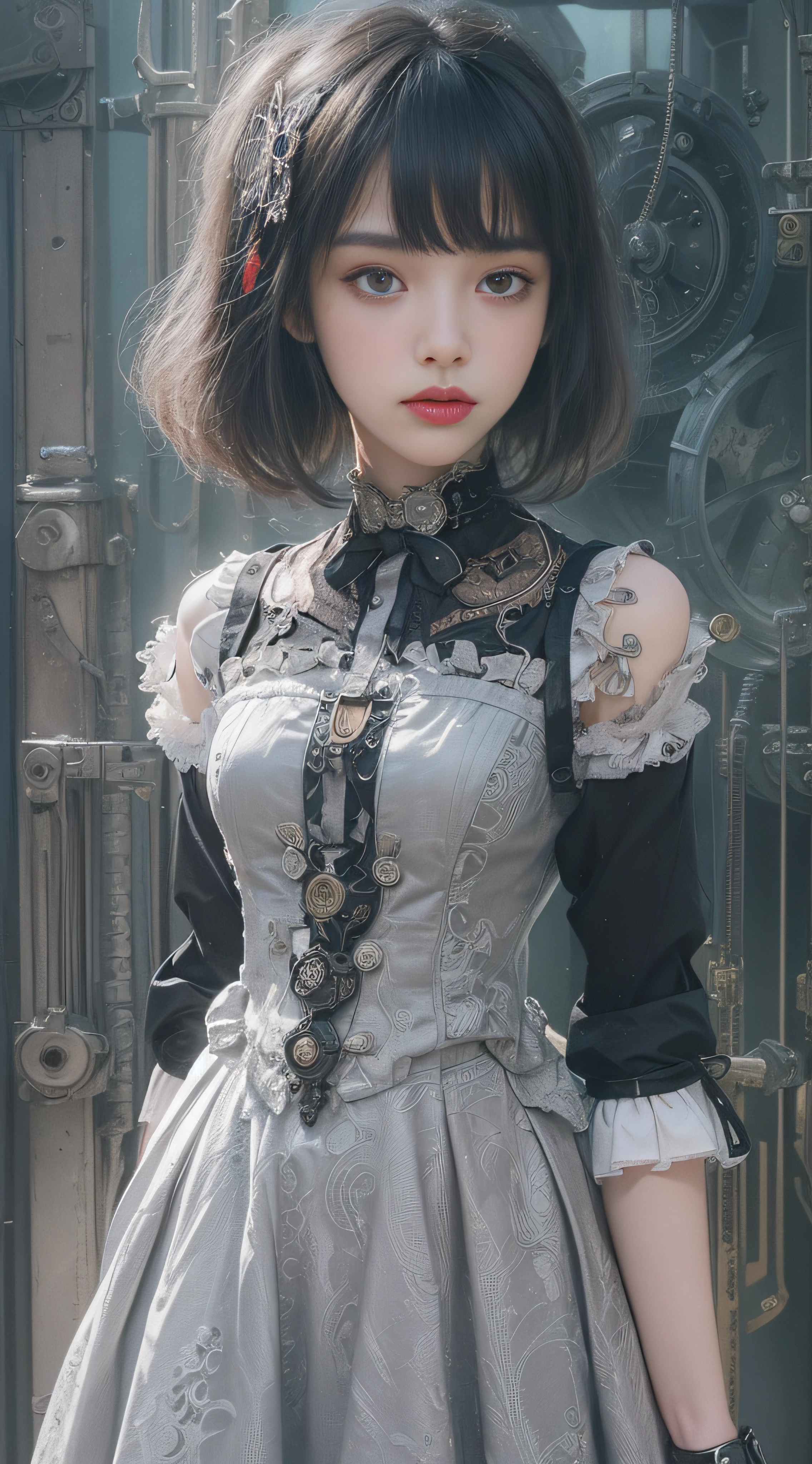 (((Masterpiece, top quality, super detailed))), (((high definition face))), female, (((short black bob, thick puffy bangs ))), (((very detailed face))), small thin nose, small thin-lipped mouth, (((very sharp focused eyes))), large slit precision pale grey eyes, sparkling like jewels, ((Very intricate mechanical steampunk fashion, Off-shoulder gothic lolita fashion)), (((overall accuracy has improved dramatically, creating a super detailed and realistic image))),
