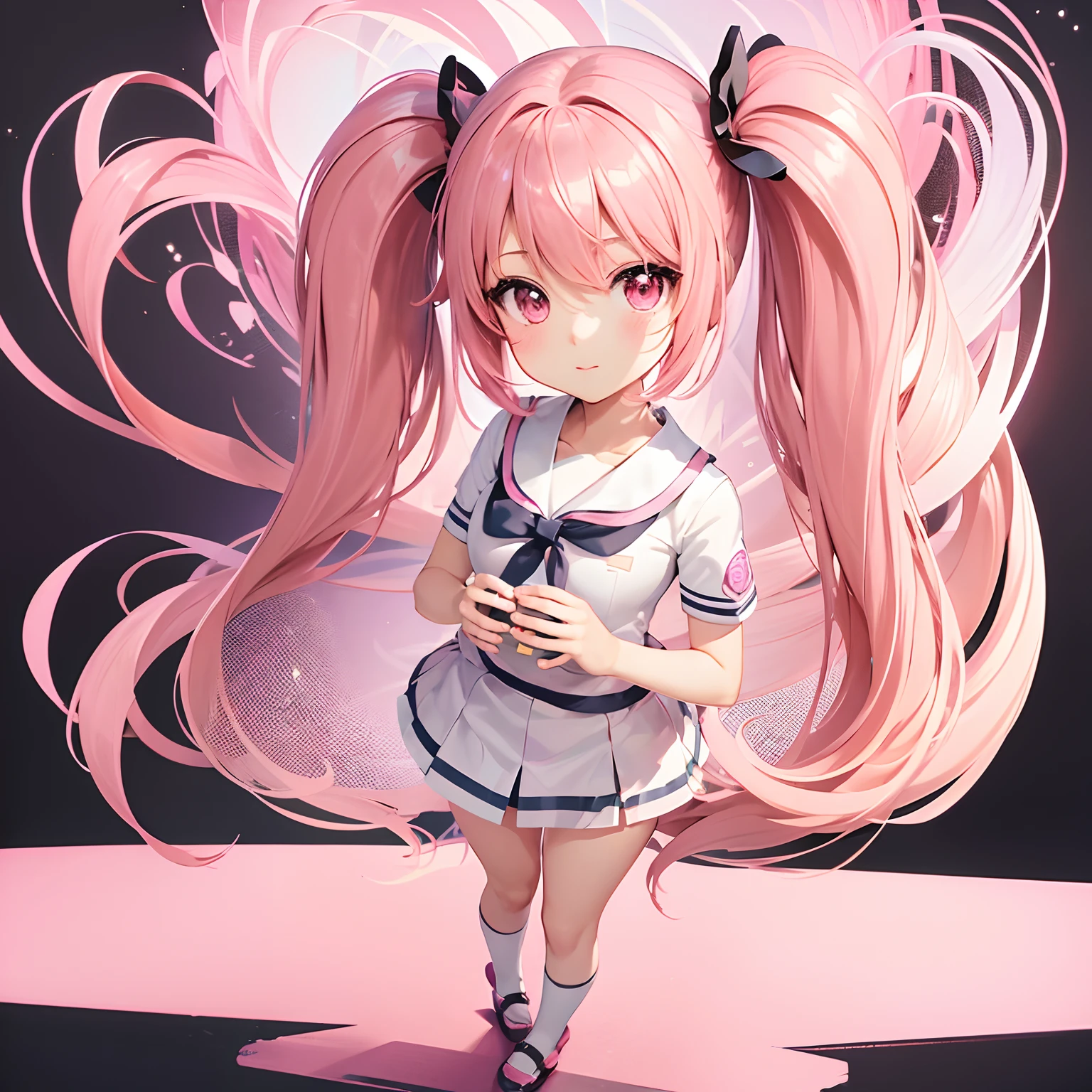 Very cute and (Beautiful Chibi Anime Girl), Solo, Simple background, Beautiful twin tails*Pink* hair, Beautiful detailed *Pink* High School Uniform, Full body, Standing, high detailed face and *Pink* Eyes, Clearly outlined