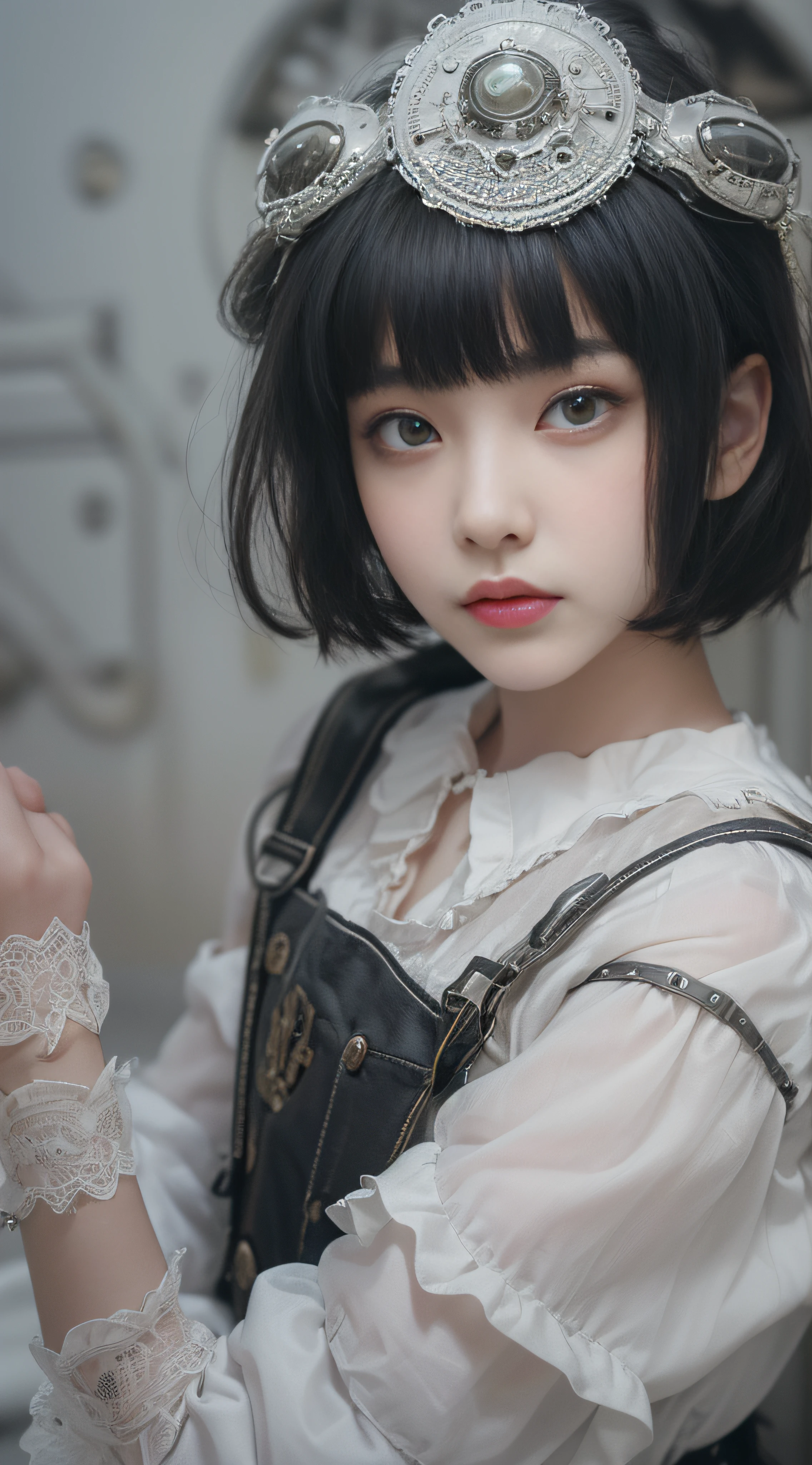 (((Masterpiece, top quality, super detailed))), (((high definition face))), 14 year old female, (((short black bob, thick puffy bangs ))), (((very detailed face))), small thin nose, small thin-lipped mouth, (((very sharp focused eyes))), large slit precision pale grey eyes, sparkling like jewels, ((Very intricate mechanical steampunk fashion, Off-shoulder gothic lolita fashion)), (((overall accuracy has improved dramatically, creating a super detailed and realistic image))),