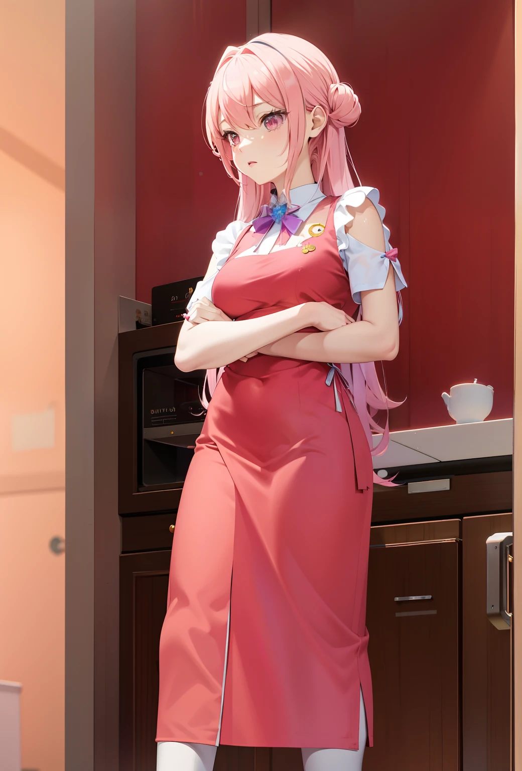 Chica de anime con vestido rosa de pie en la cocina con los brazos cruzados, Pelo rosa de cola doble y ojos cian, Hecho con Anime Painter Studio, . alto, Traje de sirvienta, Imagen de cuerpo entero, Furthermore, single character full body, en la cocina, Cushart Krenz, Anime estilo 3D