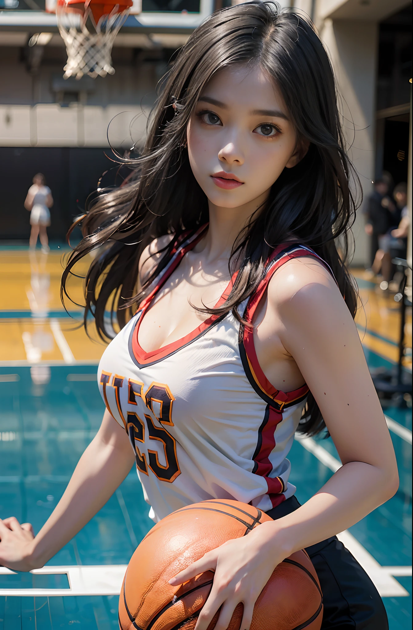 Woman in basketball uniform,wide open thighs,Holes in panties,Leakage of the genitals