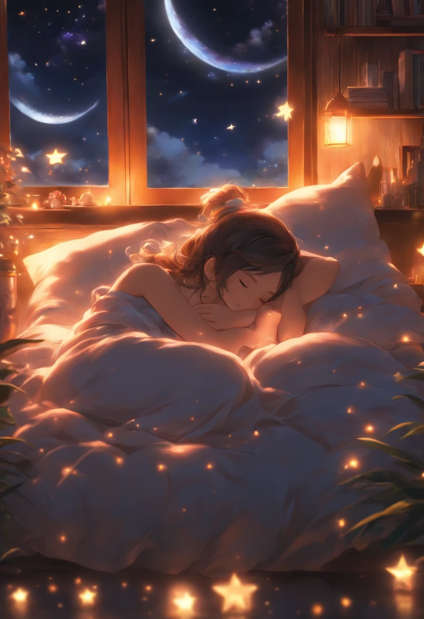 (a peaceful dream,nighttime serenity,calmness,restful sleep),(best quality,ultra-detailed,photorealistic),(painting),(stars shining,gentle moonlight),(soft pillow,comfortable bed,dreamy atmosphere),(tranquility,luxurious sleep),(peaceful and serene),(subtle colors,dark and warm tones),(soft and diffused lighting)