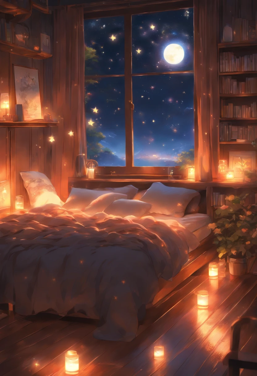 (a peaceful dream,nighttime serenity,calmness,restful sleep),(best quality,ultra-detailed,photorealistic),(painting),(stars shining,gentle moonlight),(soft pillow,comfortable bed,dreamy atmosphere),(tranquility,luxurious sleep),(peaceful and serene),(subtle colors,dark and warm tones),(soft and diffused lighting)