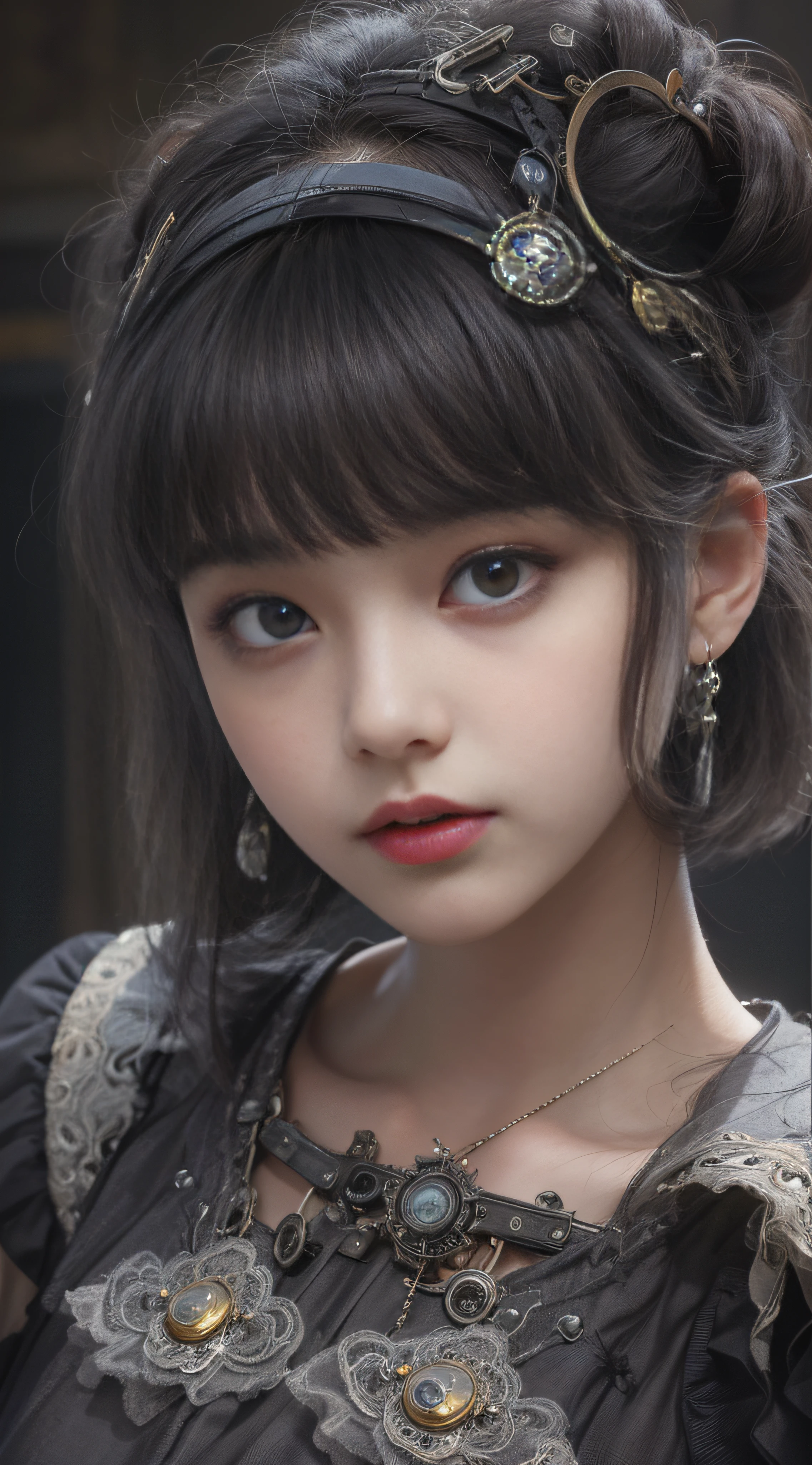 (((Masterpiece, top quality, super detailed))), (((high definition face))), 14 year old female, (((short black bob, thick puffy bangs ))), (((very detailed face))), small thin nose, small thin-lipped mouth, (((very sharp focused eyes))), large slit precision pale grey eyes, sparkling like jewels, ((Very intricate mechanical steampunk fashion, Off-shoulder gothic lolita fashion)), (((overall accuracy has improved dramatically, creating a super detailed and realistic image))),