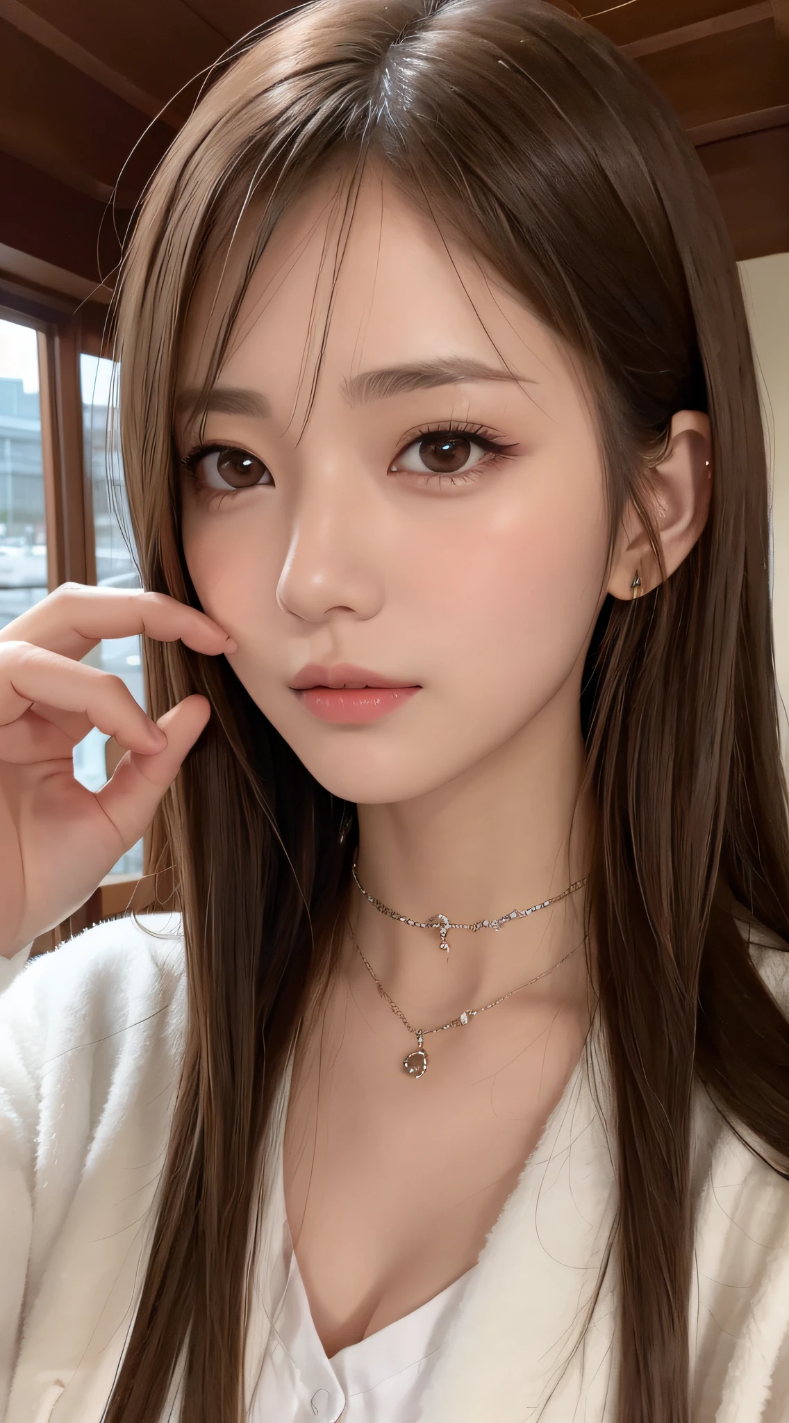 1womanl, (up of face:1.5), light brown hair, Blunt bangs, hair behind ear, hair over shoulder, Long hair, Ultra Fine Face, Thin face, Delicate lips, (beautidful eyes:1.5), thin blush, eyes are light brown,View here, Ultra-thin hands, Ultra-fine fingers, best ratio four finger and one thumb, white jaket, a choker ,Port Area ,One-person viewpoint, 8K, masutepiece, nffsw, Super Detail, High quality, Best Quality, hight resolution,