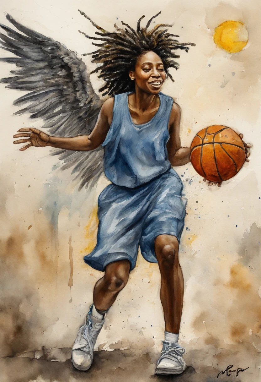 (best quality,ultra-detailed,realistic:1.37),starry night by Van Gogh,female angel with huge wings in a war-torn ghetto, wearing baggy saggy urban clothing, nike sneakers, and dreadlocks, holding the sun as a basketball and balling! shooting the ball through hoop