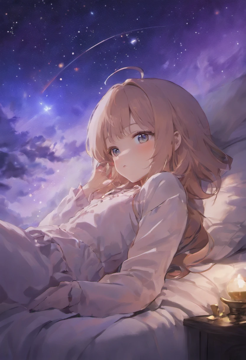 (a peaceful dream,nighttime serenity,calmness,restful sleep),(best quality,ultra-detailed,photorealistic),(painting),(stars shining,gentle moonlight),(soft pillow,comfortable bed,dreamy atmosphere),(tranquility,luxurious sleep),(peaceful and serene),(subtle colors,dark and warm tones),(soft and diffused lighting)