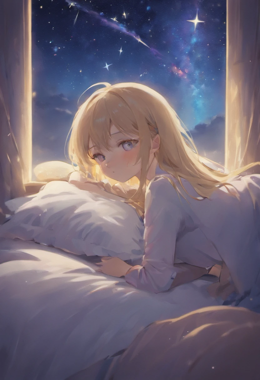 (a peaceful dream,nighttime serenity,calmness,restful sleep),(best quality,ultra-detailed,photorealistic),(painting),(stars shining,gentle moonlight),(soft pillow,comfortable bed,dreamy atmosphere),(tranquility,luxurious sleep),(peaceful and serene),(subtle colors,dark and warm tones),(soft and diffused lighting)