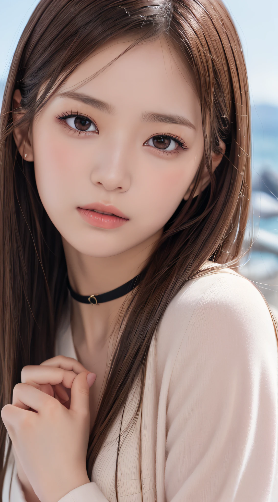 1womanl, (up of face:1.5), light brown hair, Blunt bangs, hair behind ear, hair over shoulder, Long hair, Ultra Fine Face, Thin face, Delicate lips, (beautidful eyes:1.5), thin blush, eyes are light brown,View here, Ultra-thin hands, Ultra-fine fingers, best ratio four finger and one thumb, white jaket, a choker ,(Port Area) ,One-person viewpoint, 8K, masutepiece, nffsw, Super Detail, High quality, Best Quality, hight resolution,