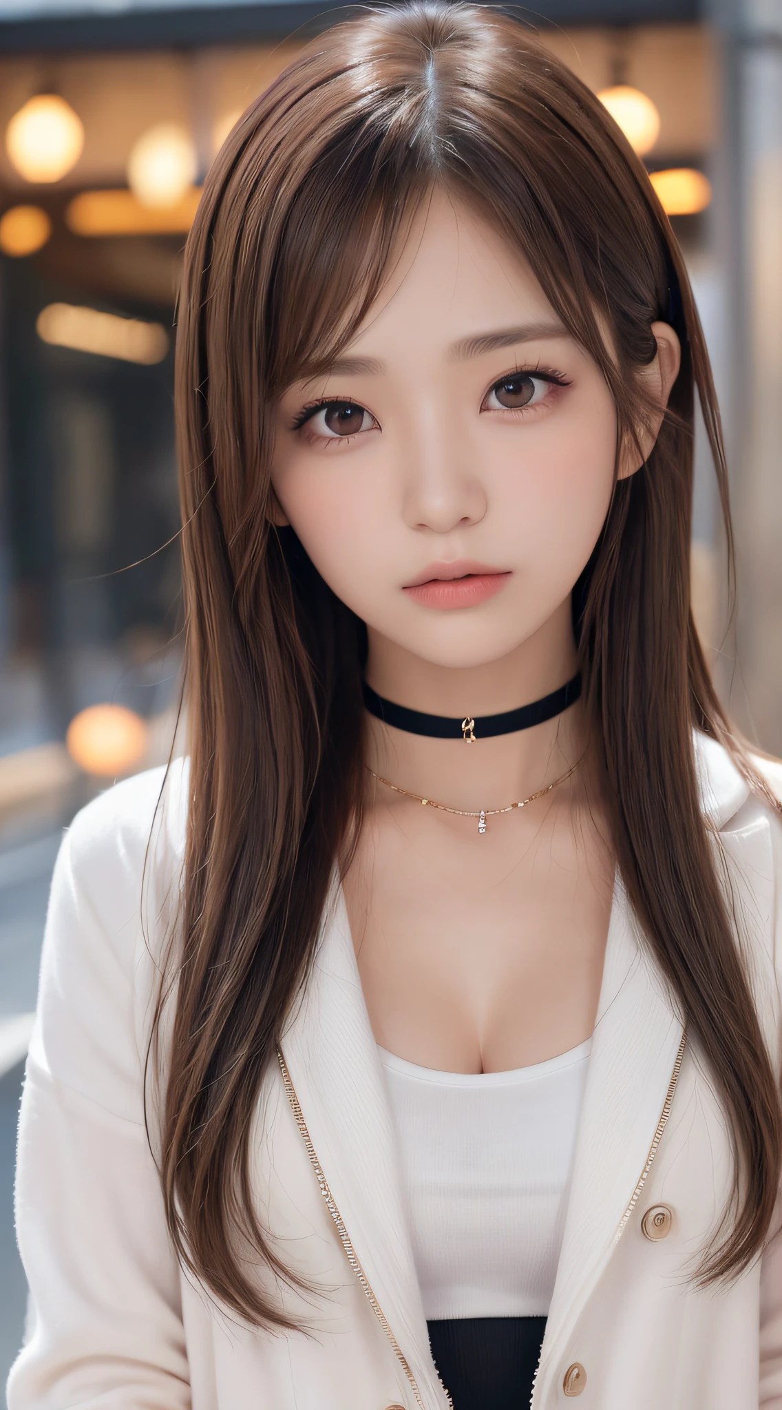 1womanl, (up of face:1.5), light brown hair, Blunt bangs, hair behind ear, hair over shoulder, Long hair, Ultra Fine Face, Thin face, Delicate lips, (beautidful eyes:1.5), thin blush, eyes are light brown,View here, Ultra-thin hands, Ultra-fine fingers, best ratio four finger and one thumb, white jaket, a choker ,(Port Area) ,One-person viewpoint,  8K, masutepiece, nffsw, Super Detail, High quality, Best Quality, hight resolution,