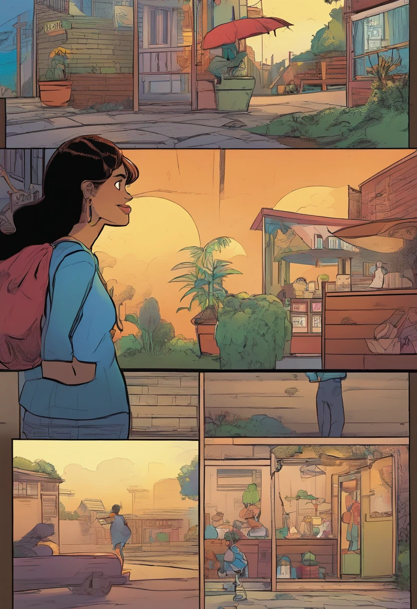 Quadrinhos americanos, The comic is presented in several irregular panels with colors. The short-haired American cat struggles as it runs away from home and then reunites with its owner. The style is exaggerated and detailed