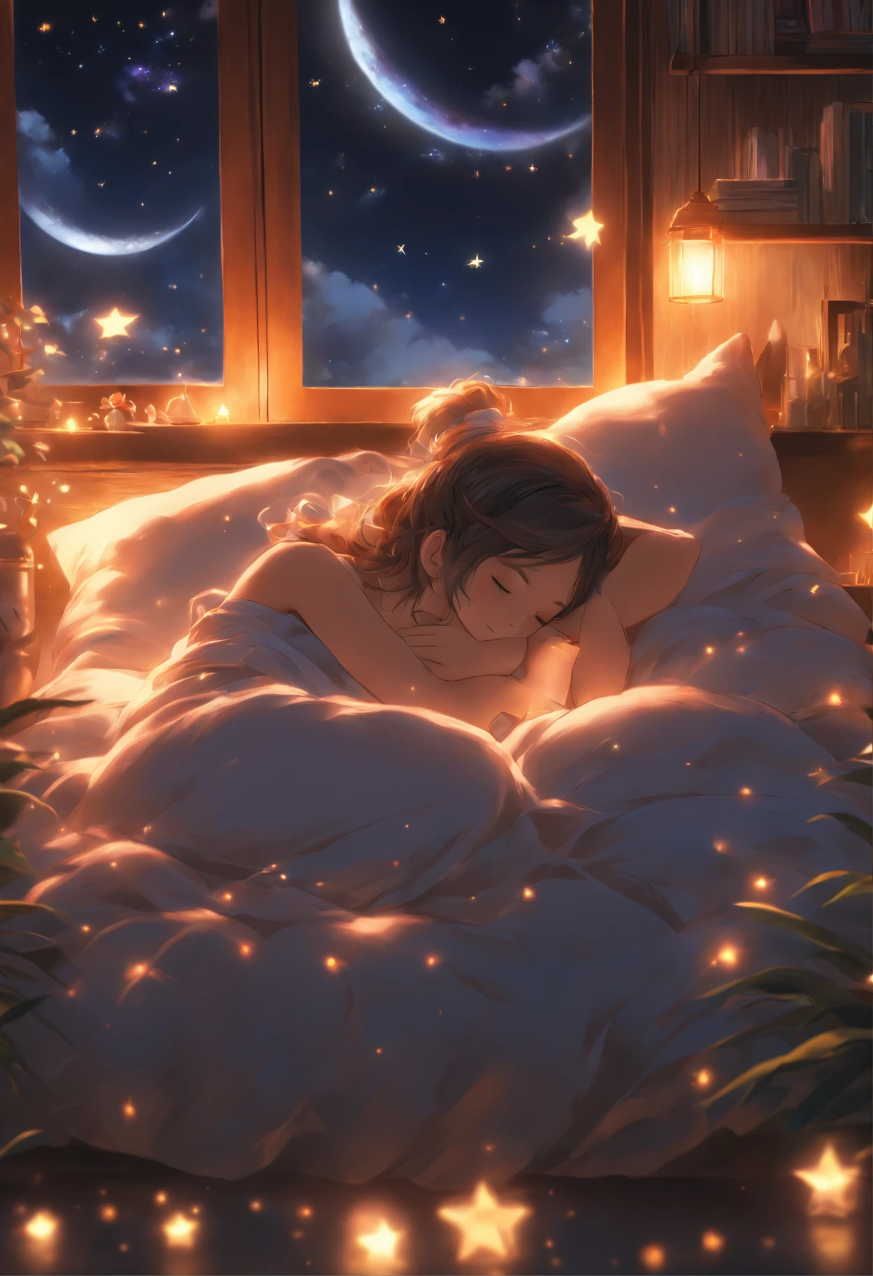 (a peaceful dream,nighttime serenity,calmness,restful sleep),(best quality,ultra-detailed,photorealistic),(painting),(stars shining,gentle moonlight),(soft pillow,comfortable bed,dreamy atmosphere),(tranquility,luxurious sleep),(peaceful and serene),(subtle colors,dark and warm tones),(soft and diffused lighting)