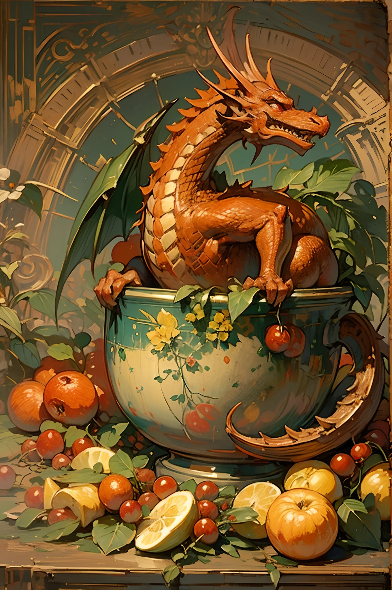 ((nobody))
Vintage Victorian style, Precise old encyclopedia (best quality:1.2), (detailed:1.2), (masterpiece:1.2), vintage illustrations of small red dragon in a bowl of fruits