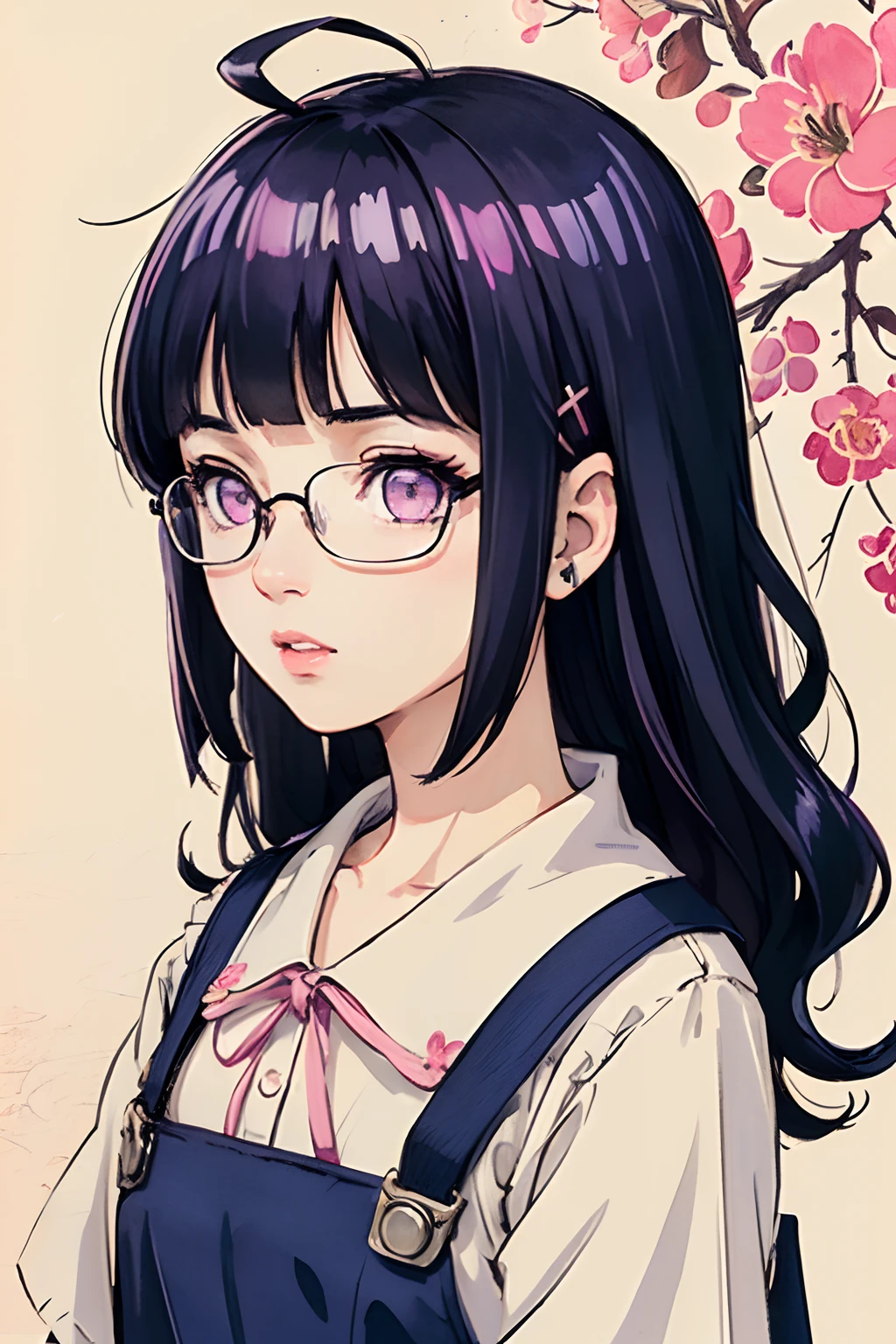 (masterpiece:1.2, best quality), (dinamic lighting) 1lady, solo, medium hair, Blunt Bangs,  (shiny skin:1.2), upper body, glasses, modern, wavy dark blue hair,pink Suspenders, flower on ear, harajuku style, hair pin, **** ,ahoge, purple eyes