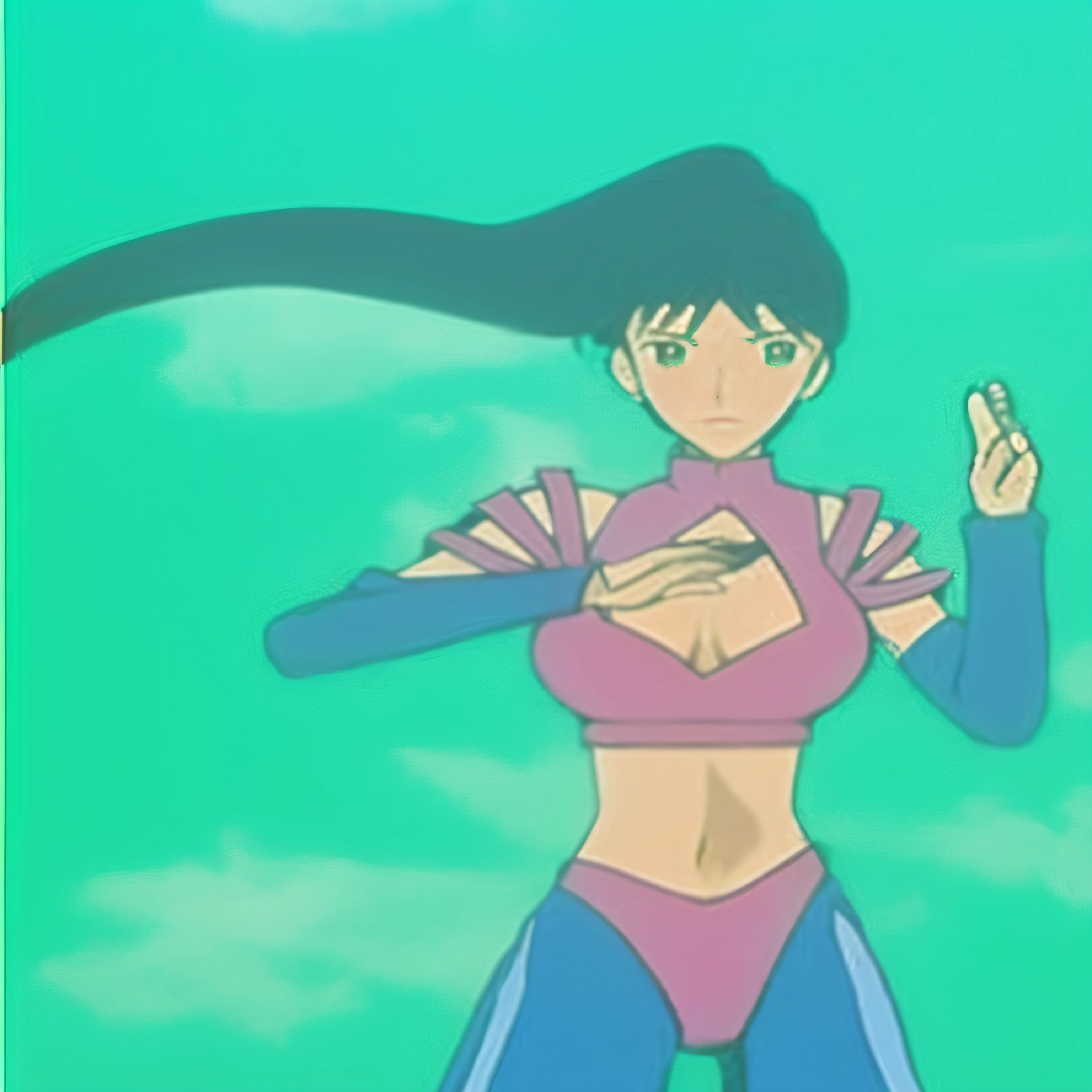 high-level image quality, hightquality, Anime girl with long hair in pink top and blue pants, juri misaki, rei hino as a princess, knights of zodiac girl, an retro anime image, 80s anime ova style, sel anime, Nico Robin, maya fey from ace attorney, Gainax anime style, bubblegum body, Asuka as a surfer model, juri han from street fighter, ratex, Oily skin, huge tit, valley