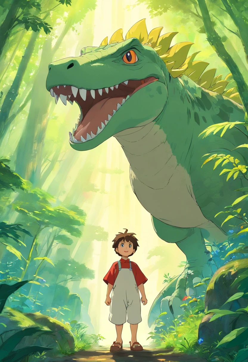 Menino de 2 anos, vestindo uma fantasia de dinossauro, alegre,