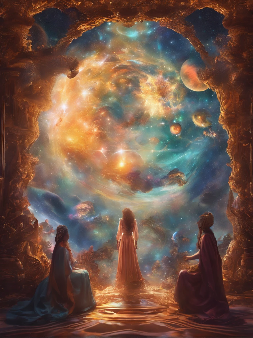 Multiple figures levitate in the sky,Magical Earth,Witness the magic of the earth,Show the future education scene, Virtual classrooms are available, Wisdom Mentor, and the potential for interstellar learning. 8K