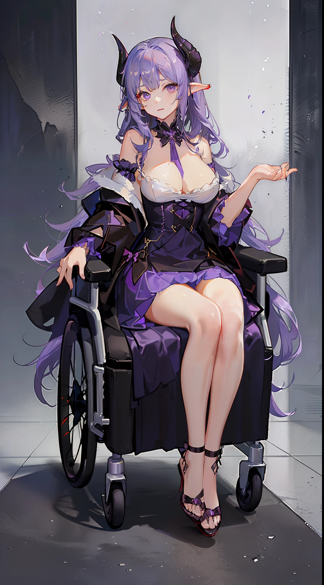 young girl, long curly lilac hair, violet eyes, Sheep horns, princess dress, open breasts, large breasts, sitting in a wheelchair, Masterpiece, hiquality, higly detailed, HD, 4k