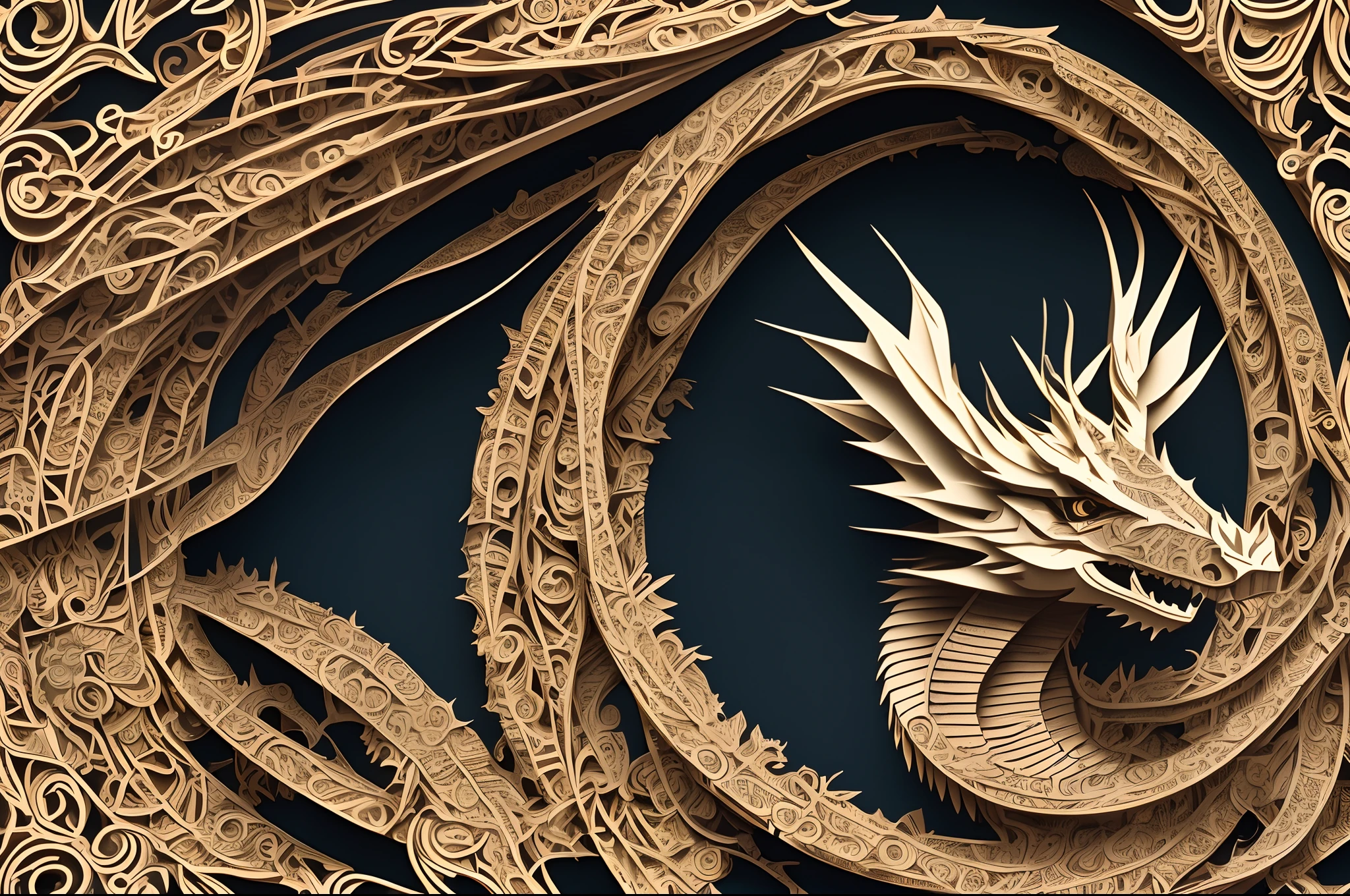 mdjrny-pprct, a dragon, in two colors, 6d, great work of art, very detailed, best quality, award-winning paper cutting work, kirigami, jianzhi