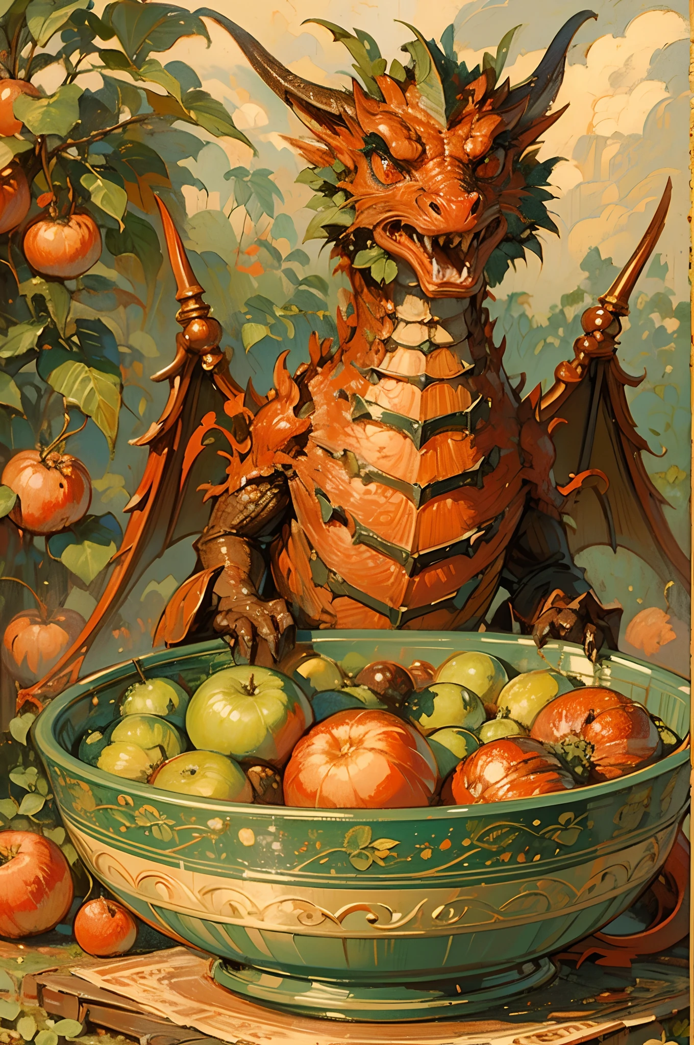 ((nobody))
Vintage Victorian style, Precise old encyclopedia (best quality:1.2), (detailed:1.2), (masterpiece:1.2), vintage illustrations of small red dragon in a bowl of fruits