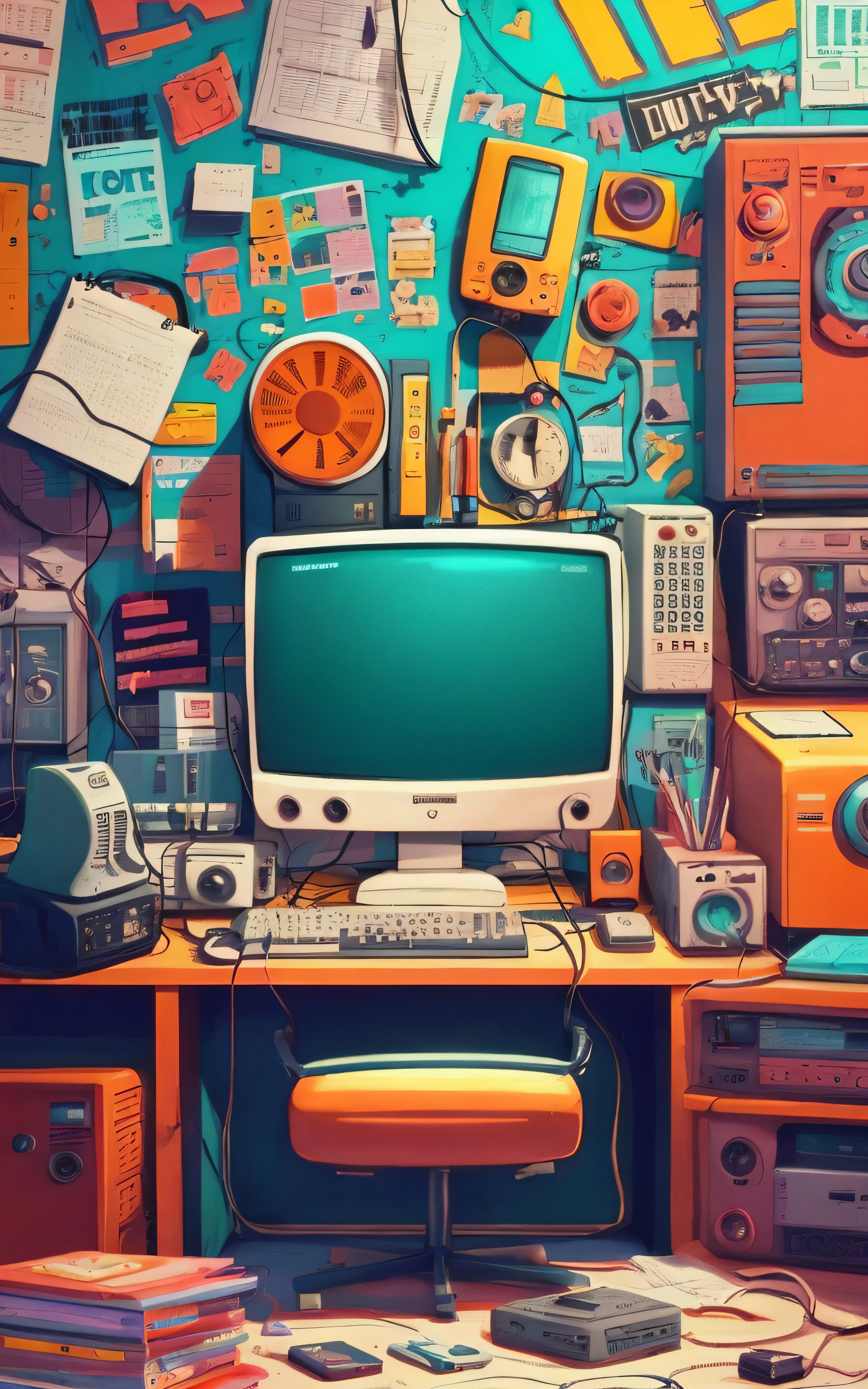 There's a computer sitting at a desk in a room, arte lo-fi, lo-fi illustration style, arte de fundo, papel de parede do computador, background 1970s office, Arte Lofi, high quality desktop wallpaper, 8 0 ies aesthetics, Elogio Artstyle, arte antiga da internet, lo-fi retro videogame, papel de parede de alta qualidade