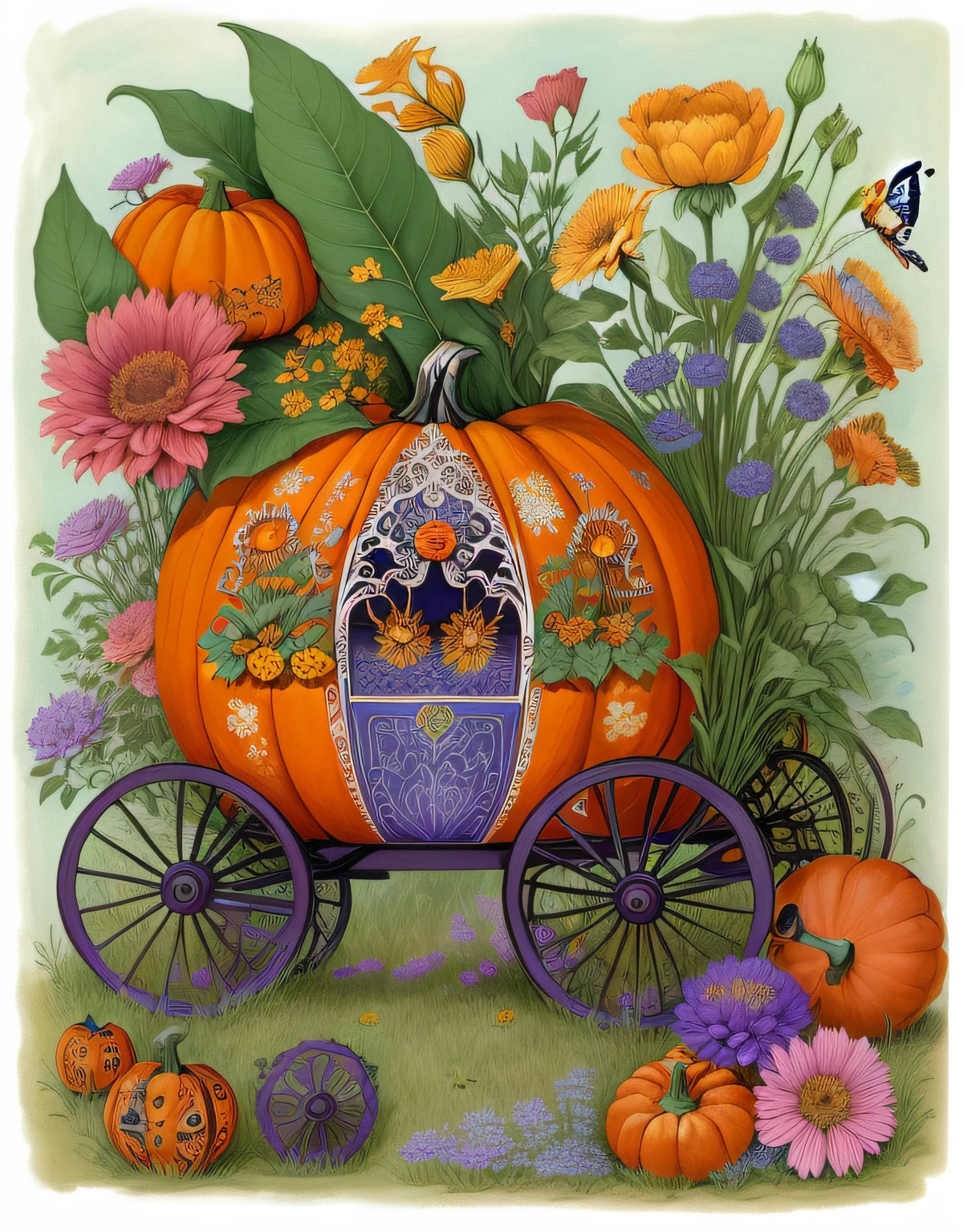 painting of a pumpkin carriage with flowers and butterflies, carriage made of pumpkins, full color illustration, full color digital illustration, full color drawing, colored in, coloring book page, richly detailed colored, colored illustration, carriage, colorfull illustration, by Meredith Dillman, whimsical and psychedelic, coloring pages, water color and pen, colouring pages, silent decay coloring