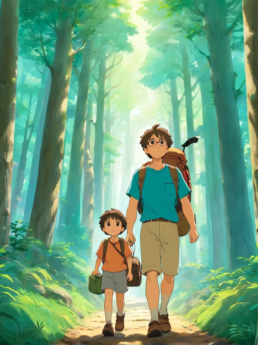 (Design a poster)A father and boy , Walk through magical forests, Carrying a hiking bag,Hold trekking poles,There are towering trees,