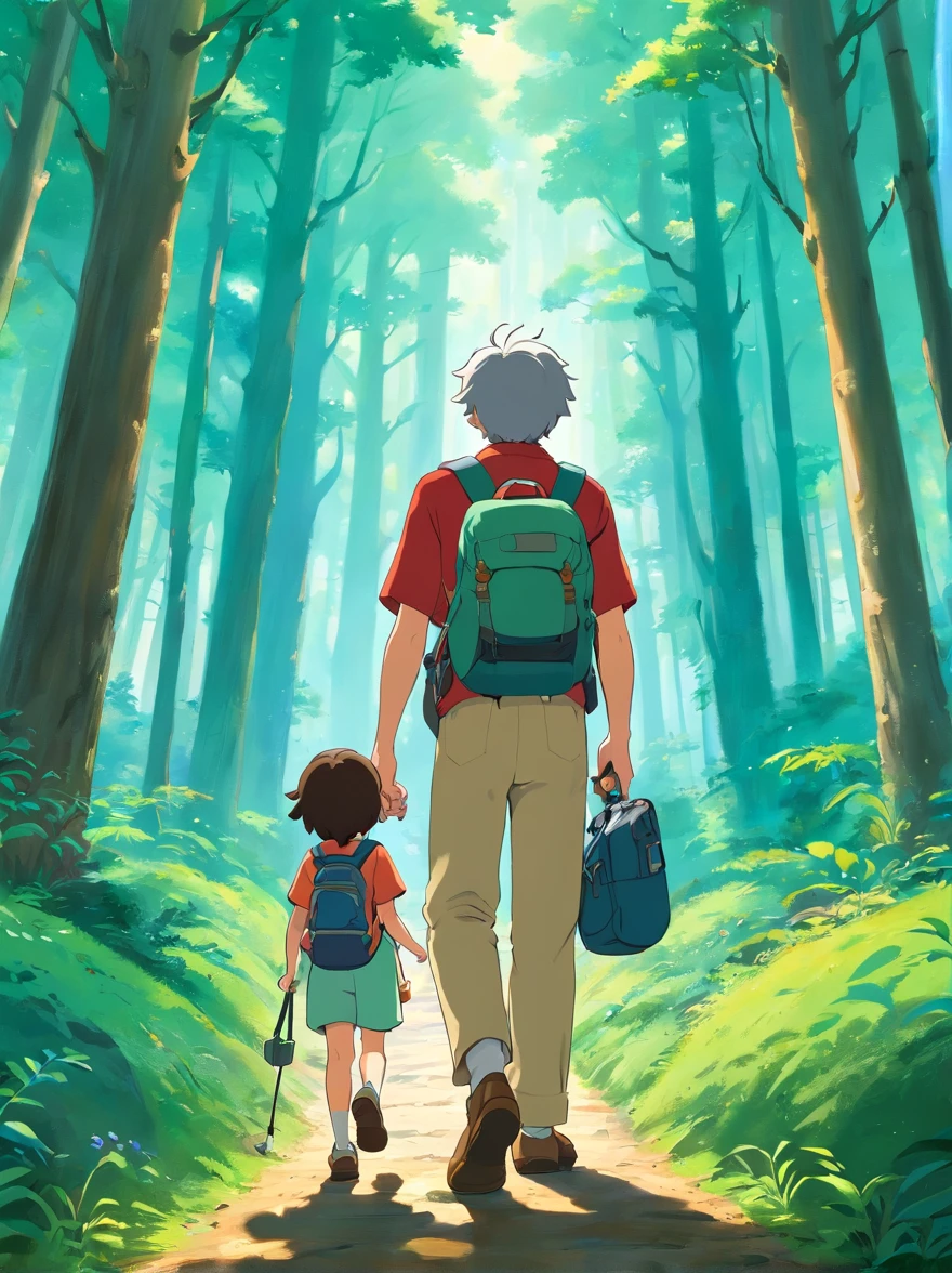 （Design a poster）A father and  boy , Walk through magical forests,  Carrying a hiking bag，Hold trekking poles，There are towering trees，