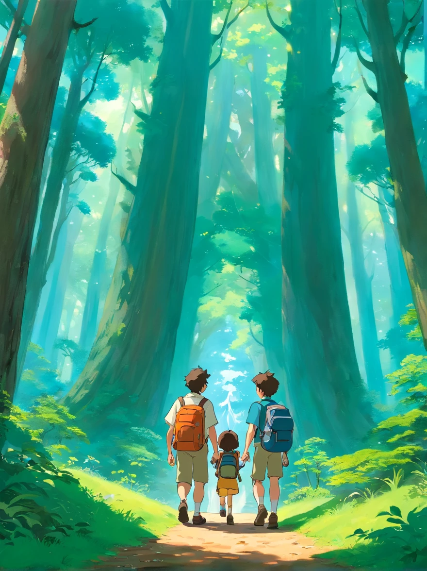 (Design a poster)A father and children little boy , Walk through magical forests, Carrying a hiking bag,Hold trekking poles,There are towering trees,