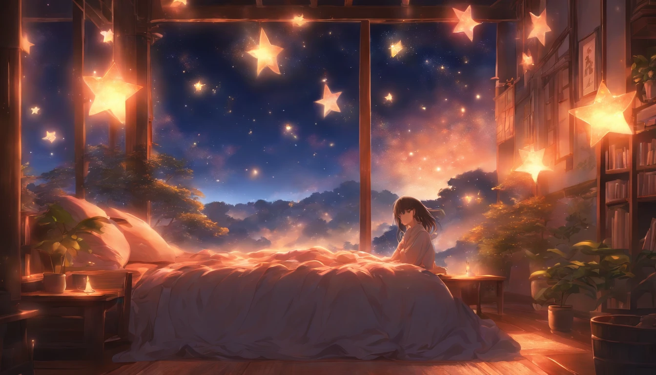 (a peaceful dream,nighttime serenity,calmness,restful sleep),(best quality,ultra-detailed,photorealistic),(painting),(stars shining,gentle moonlight),(soft pillow,comfortable bed,dreamy atmosphere),(tranquility,luxurious sleep),(peaceful and serene),(subtle colors,dark and warm tones),(soft and diffused lighting)