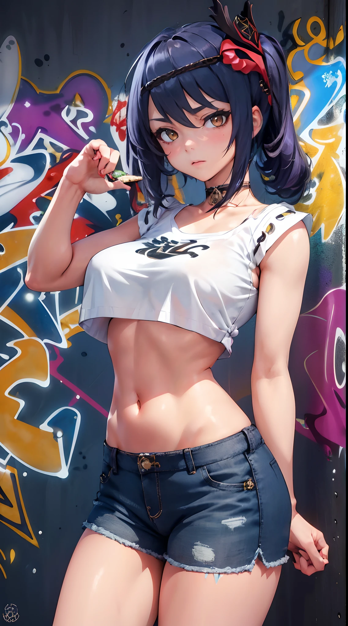 Kujou Sara Genshin Effect, masterpiece, bestquality, 1girls, mediuml breasts, bara, crop top, shorts jeans, choker, (Graffiti:1.5), Splash with purple lightning pattern., arm behind back, against wall, View viewers from the front., Thigh strap, Head tilt, bored, Ponytail, water eyes,