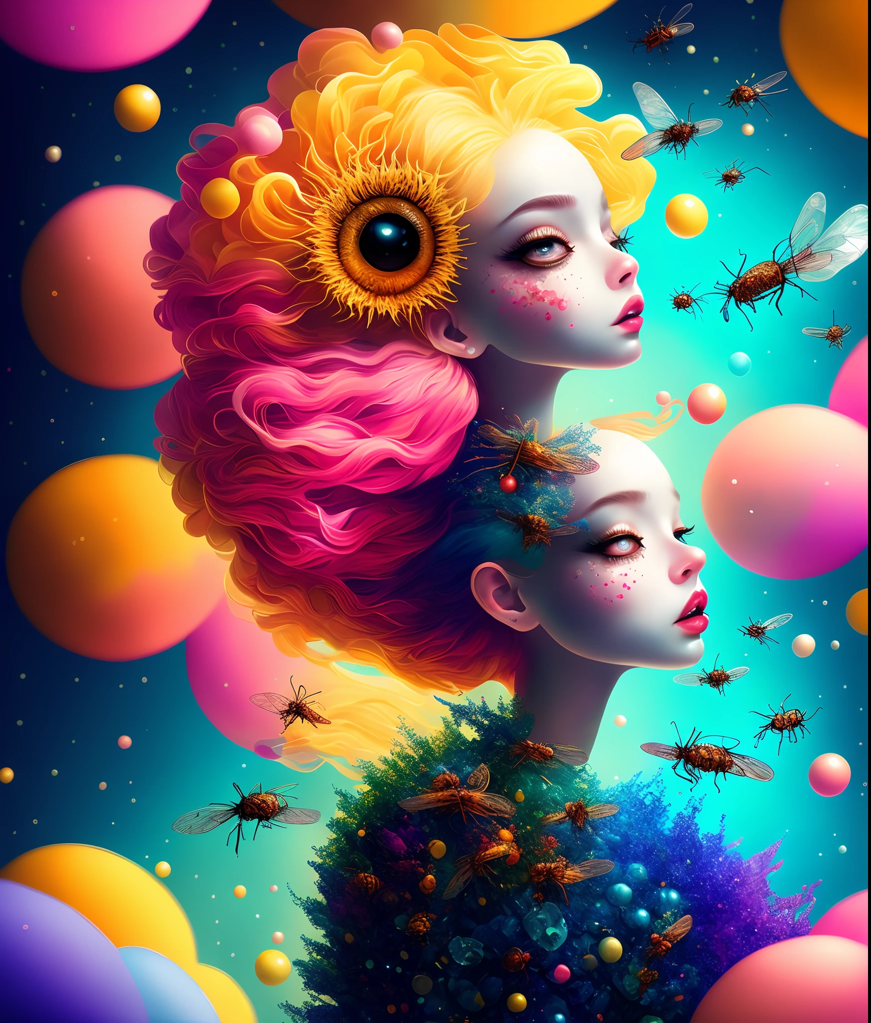 Color Pop Style, Photo photo portrait of the sun surrounded by satellites of orbiting planets, blonde spiky hair, natalie shau, Mark Ryden, Alberto Seveso, Brooke Shaden, Anna Dittmann, Flora Borsi, 8K resolution, Perfect composition, Milky way, Rainbow Color, Flying insects, scales, Wings, Blue, Texture, with an intricate, Gorgeous, Shadow, Pastel colors, 。.3D, Highly detailed, Stylishly decorated, Tim burton, Dale Chihuly, Xiaolongcheng, by Cyril Rolando, by J. Jeeg