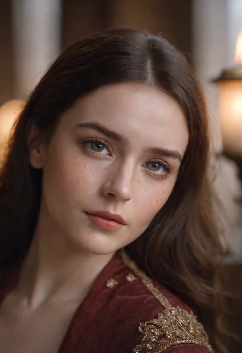 Fair complexion, Small freckles on the bridge of the nose，A female of approximately 28 years of age, Natural brunette hair, Unique black eyes, Slender and graceful, Wear Cole, Candlelight in a century setting, super sharp focus, realistic lens, Medieval flesh-colored leaky shoulder women's clothing, Five colors