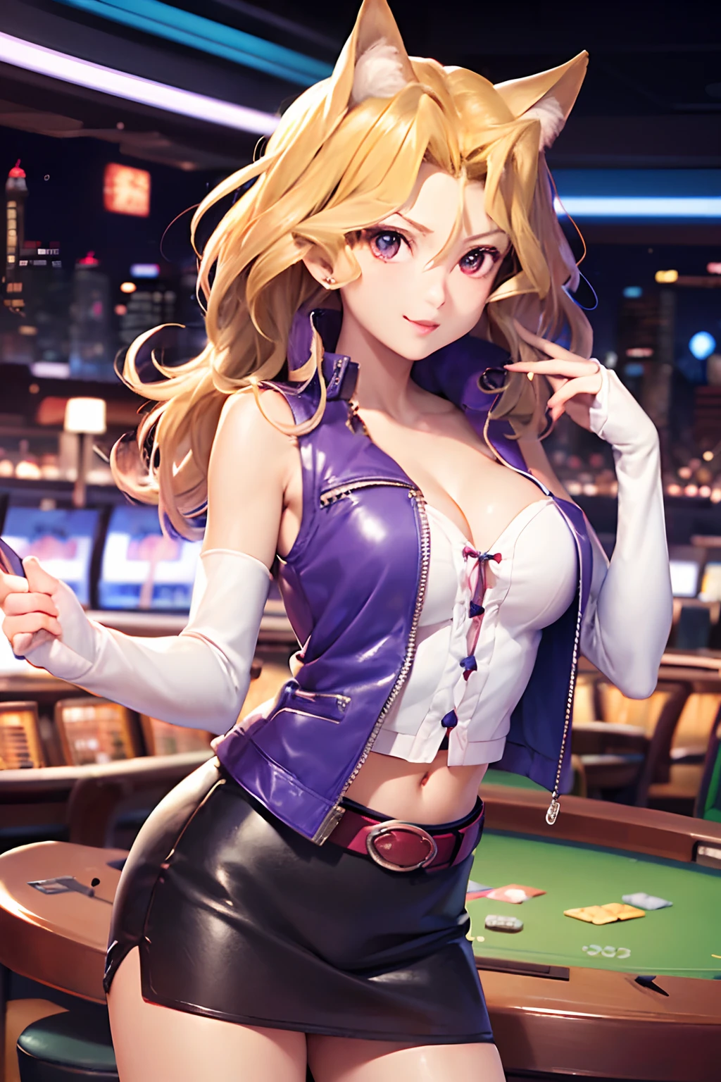 (masutepiece, Best Quality:1.2), Cowboy Shot, Solo, 1girl in, Valentine's Day in May, embarassed expression、 Looking at Viewer, sleeveless jacket, Detached sleeves, Skirt、thigh high boots、Exterior of the casino、natta、Poses that emphasize breasts