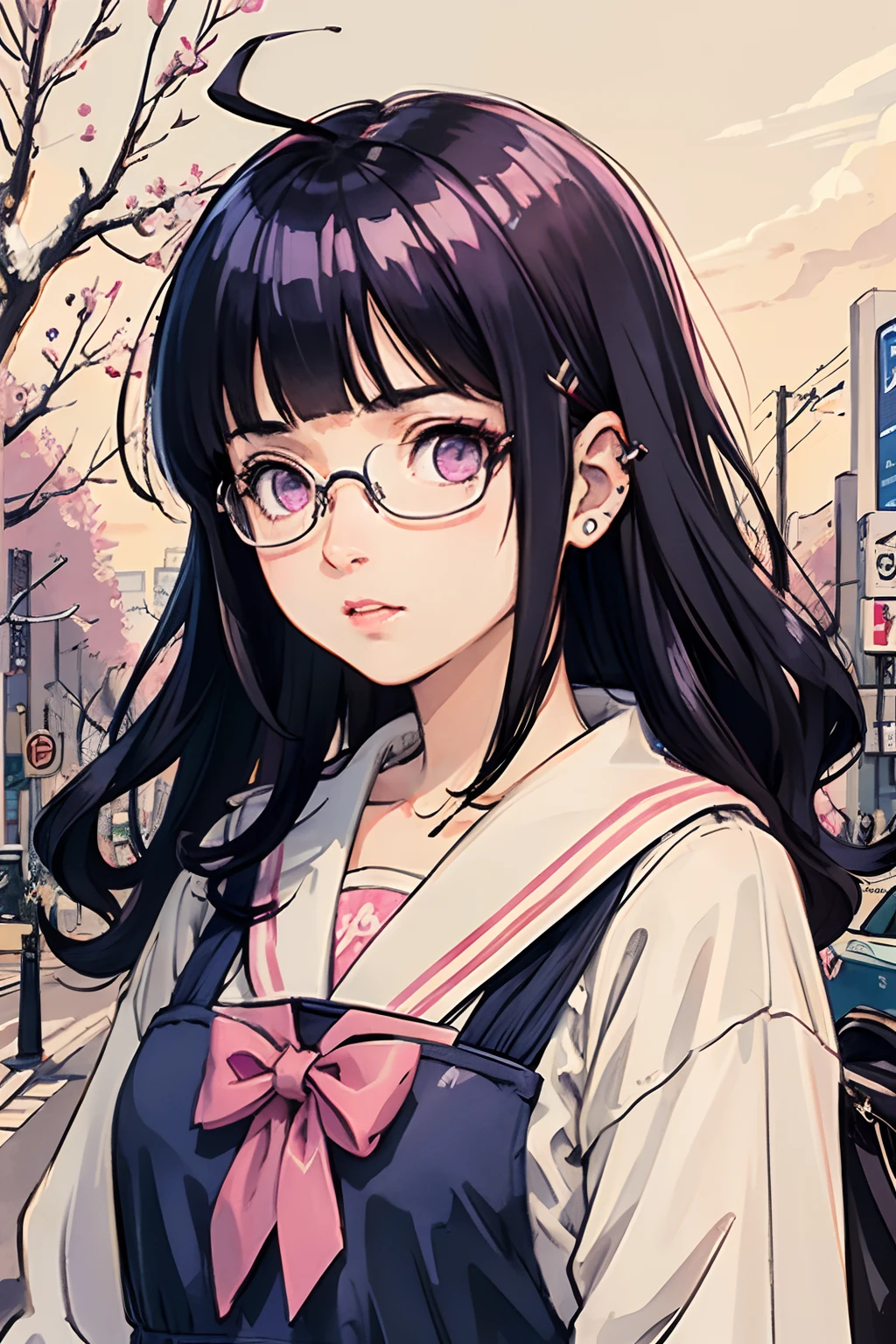(masterpiece:1.2, best quality), (dinamic lighting) 1lady, solo, medium hair, Blunt Bangs, (shiny skin:1.2), upper body, glasses, modern, wavy dark blue hair,pink Suspenders, flower on ear, harajuku style, hair pin, ,ahoge, purple eyes