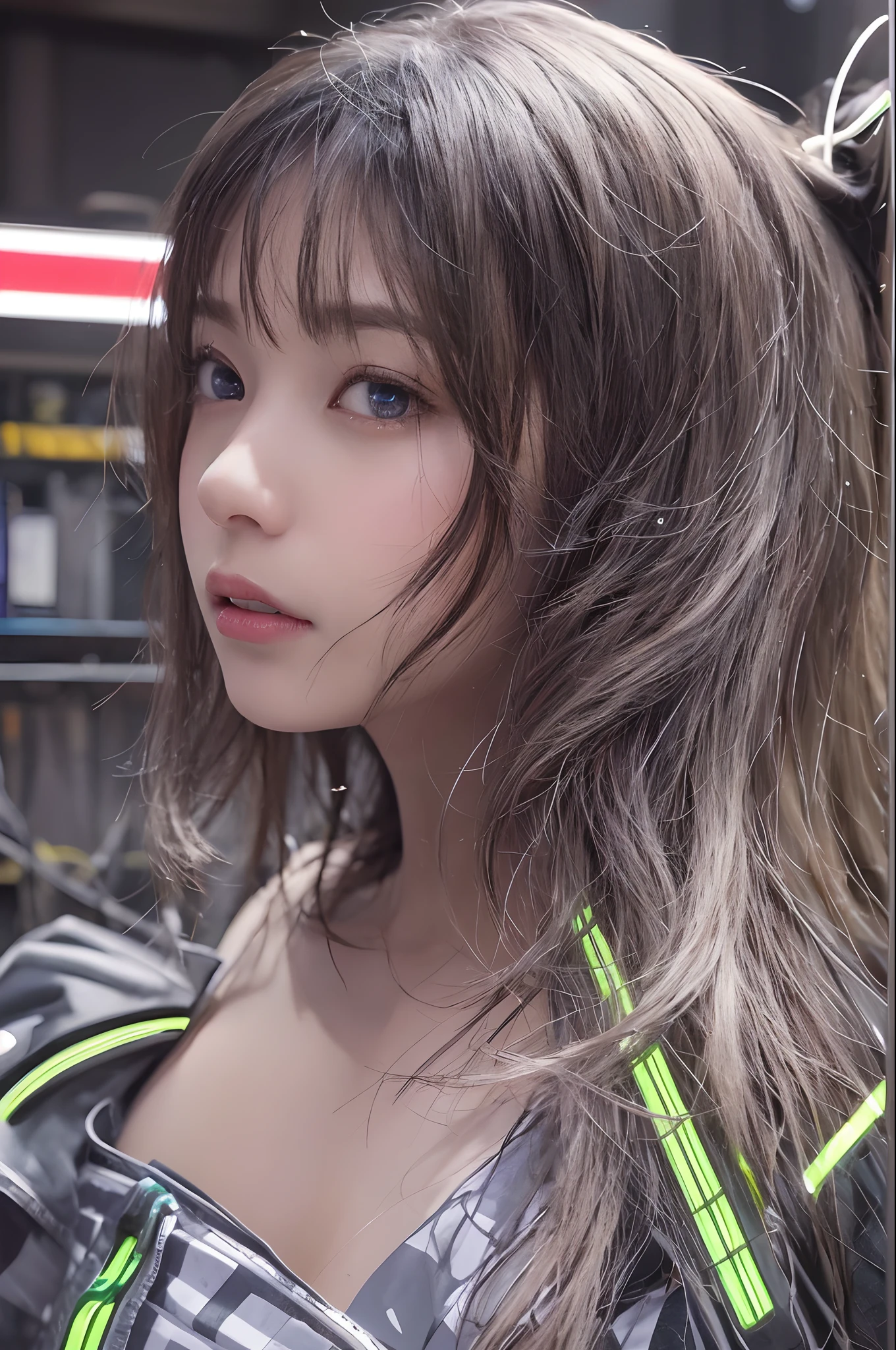 best qualityer、tmasterpiece、超高分辨率、(photo- realistic:1.4)、RAW photo、1 rapariga、Black hair、glowy skin、cyberpunk suit、((hyper realistic detailed))、porate、Global illumination、black shadows、octan render、8K、ultrasharp、large tities、Raw skin is exposed in cleavage、metals、Details of complex ornaments、Gothloli details、Glowing tube、extremelycomplicateddetails、Realistic light、CGSoation trends、Purple-eyed、Radiant eyes、Facing the camera、neon light detail、Mechanical limbs、blood vessels attached to the tube、Mechanical vertebrae attached to the back、mechanical cervical attaching to neck、Sit on the、wires and cables connecting to head、small led lights、The background is the server room of the future、
