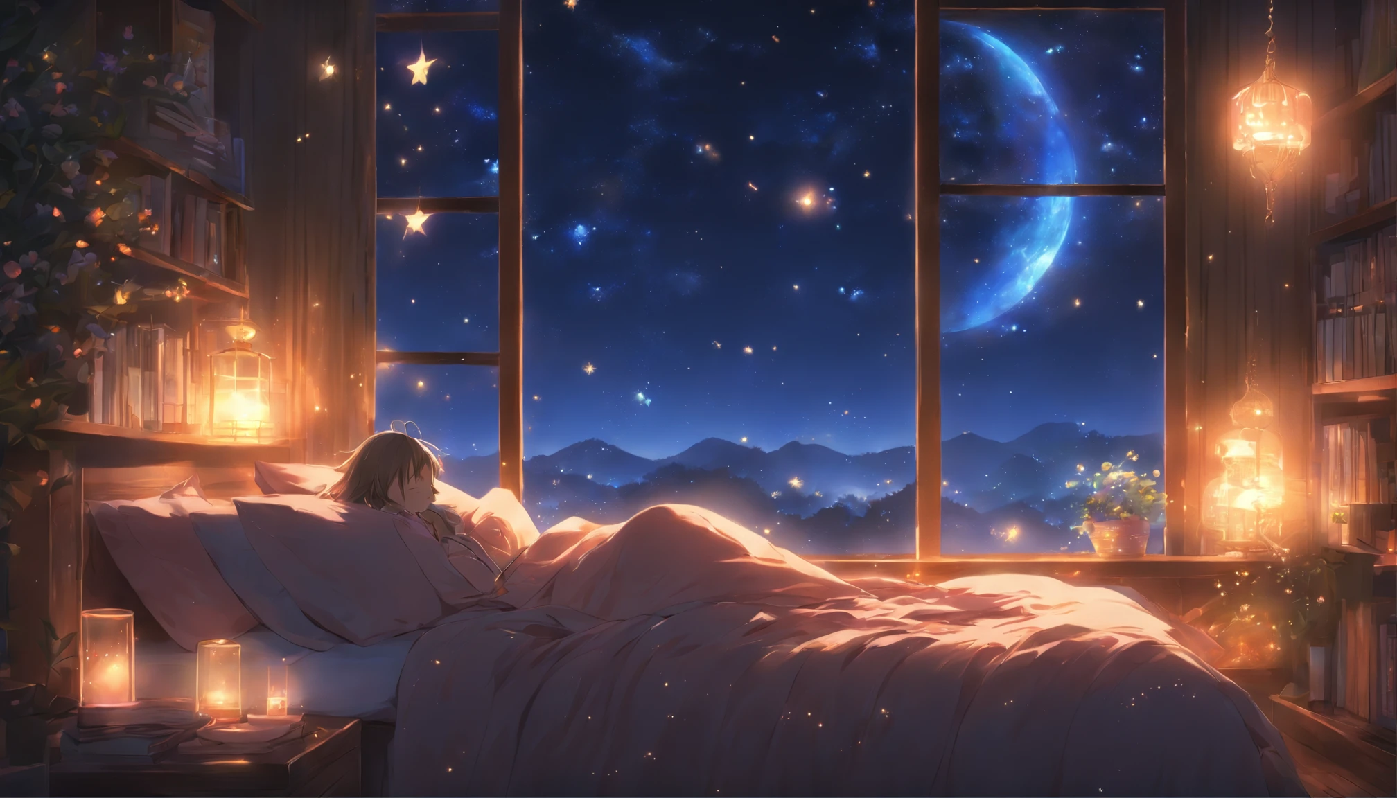 (a peaceful dream,nighttime serenity,calmness,restful sleep),(best quality,ultra-detailed,photorealistic),(painting),(stars shining,gentle moonlight),(soft pillow,comfortable bed,dreamy atmosphere),(tranquility,luxurious sleep),(peaceful and serene),(subtle colors,dark and warm tones),(soft and diffused lighting)